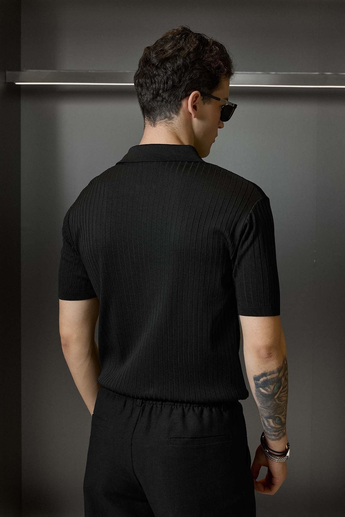 Erkek Relaxed Fit Fitilli Triko Polo Yaka T-Shirt Siyah