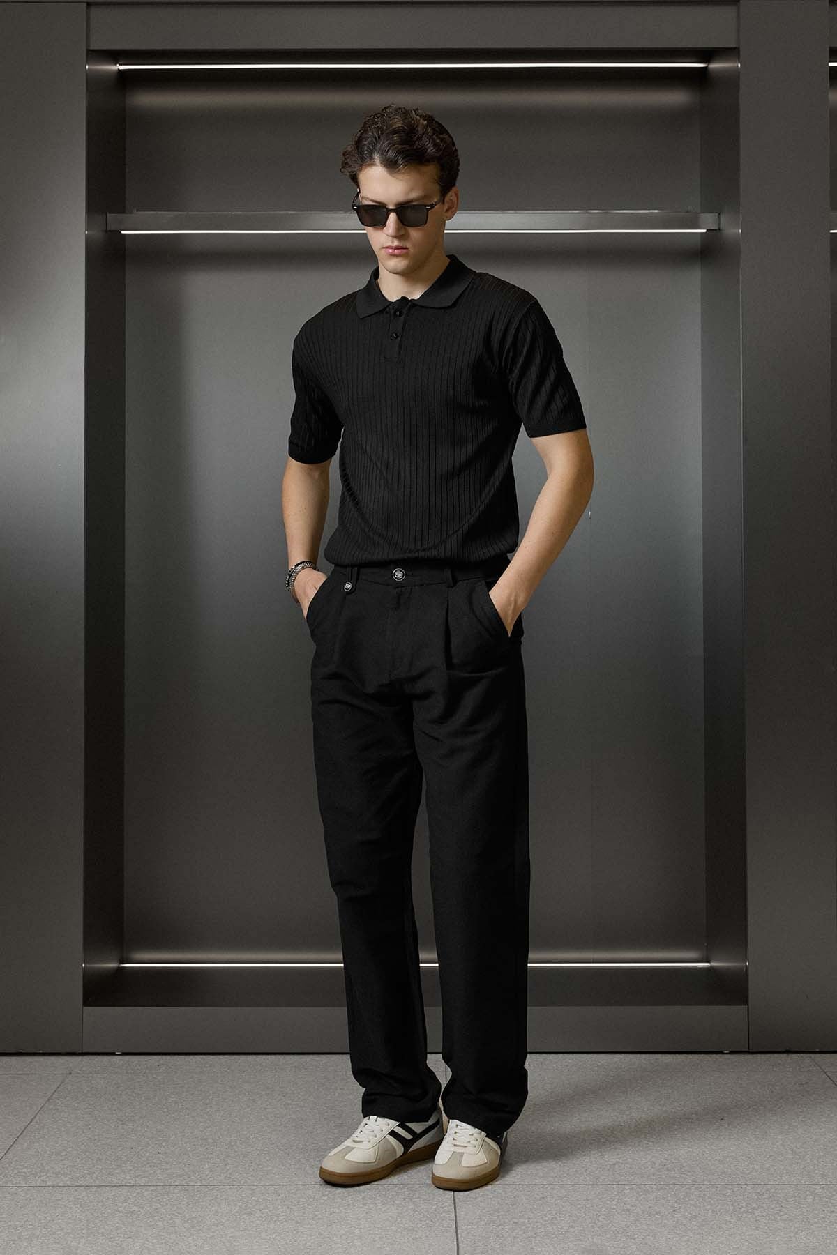 Erkek Relaxed Fit Fitilli Triko Polo Yaka T-Shirt Siyah