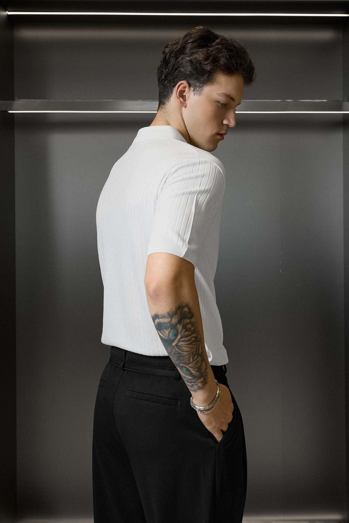 Erkek Relaxed Fit Fitilli Triko Polo Yaka T-Shirt Beyaz