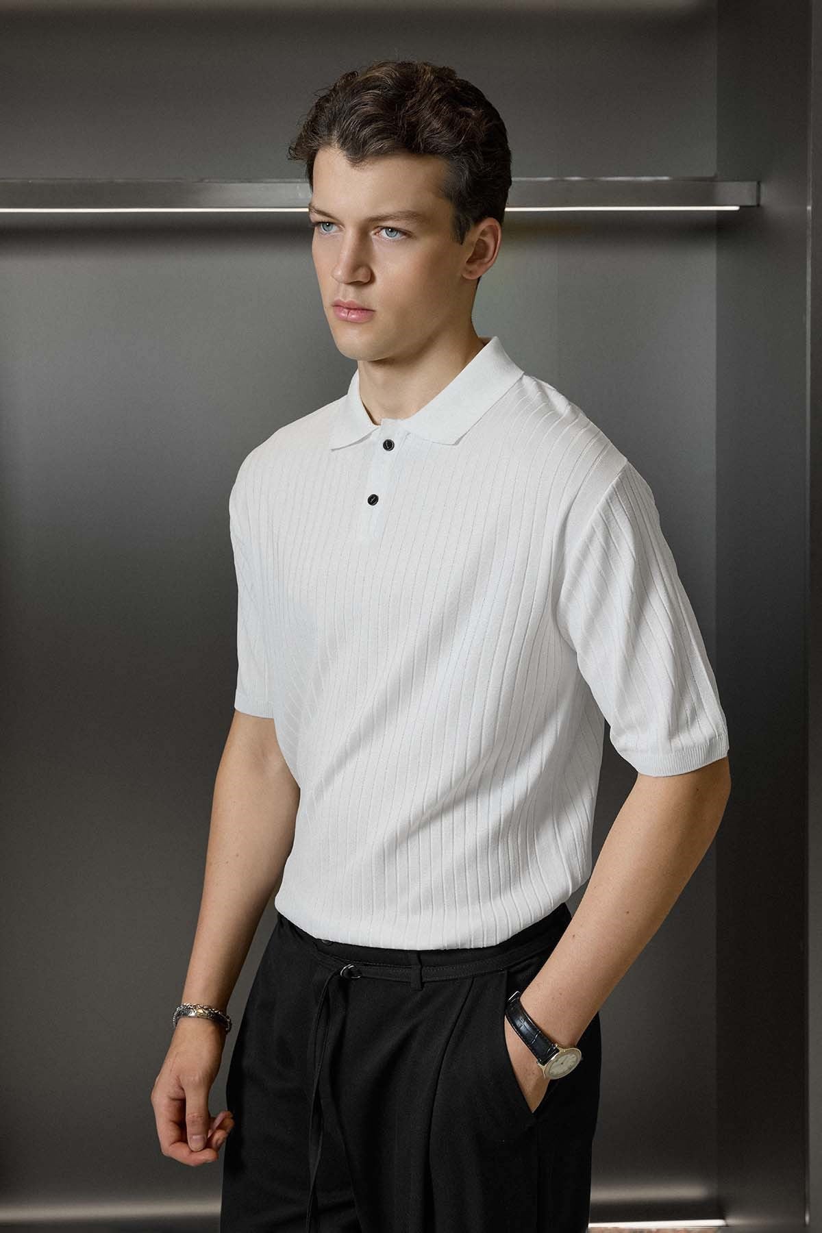 Erkek Relaxed Fit Fitilli Triko Polo Yaka T-Shirt Beyaz