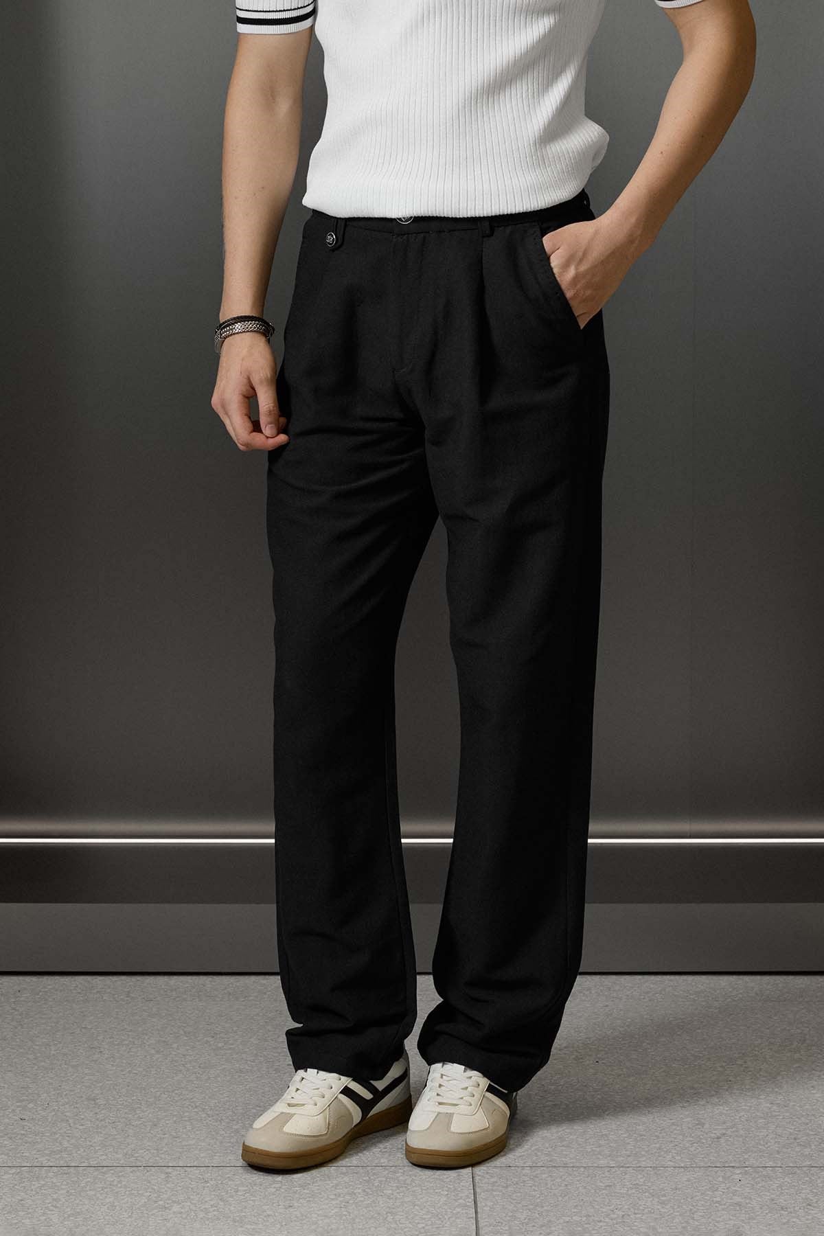 Erkek Relaxed Fit Keten Görünümlü Pantolon Siyah