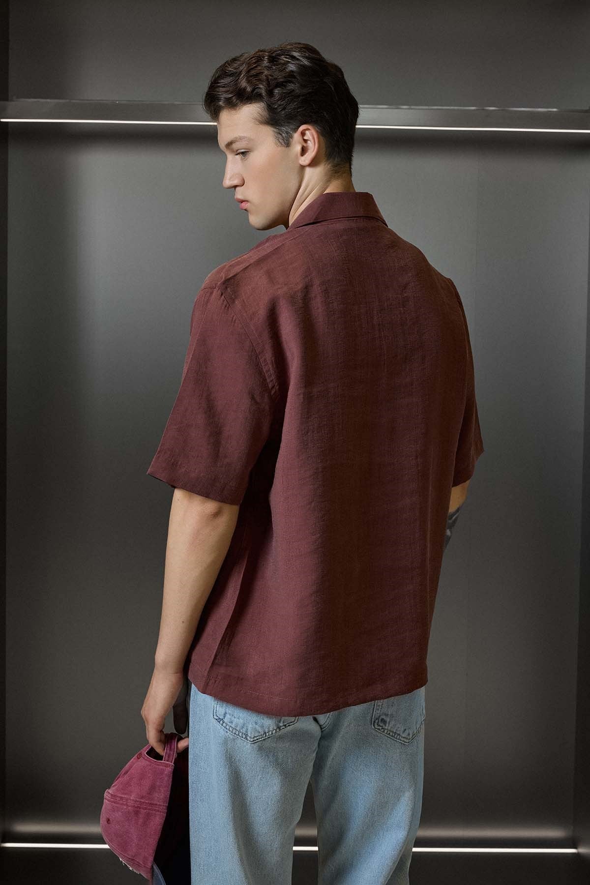 Erkek Relaxed Fit Kısa Kollu Cepli Tencel Gömlek Bordo