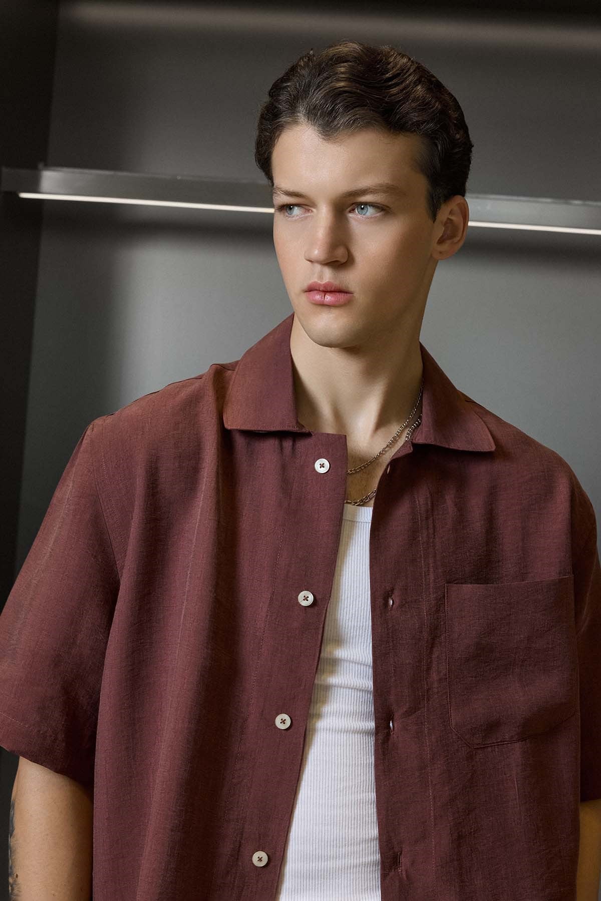 Erkek Relaxed Fit Kısa Kollu Cepli Tencel Gömlek Bordo