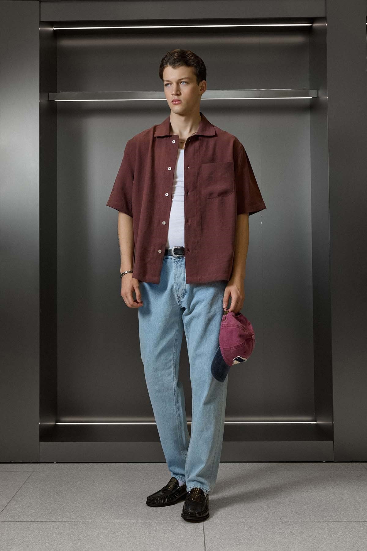 Erkek Relaxed Fit Kısa Kollu Cepli Tencel Gömlek Bordo