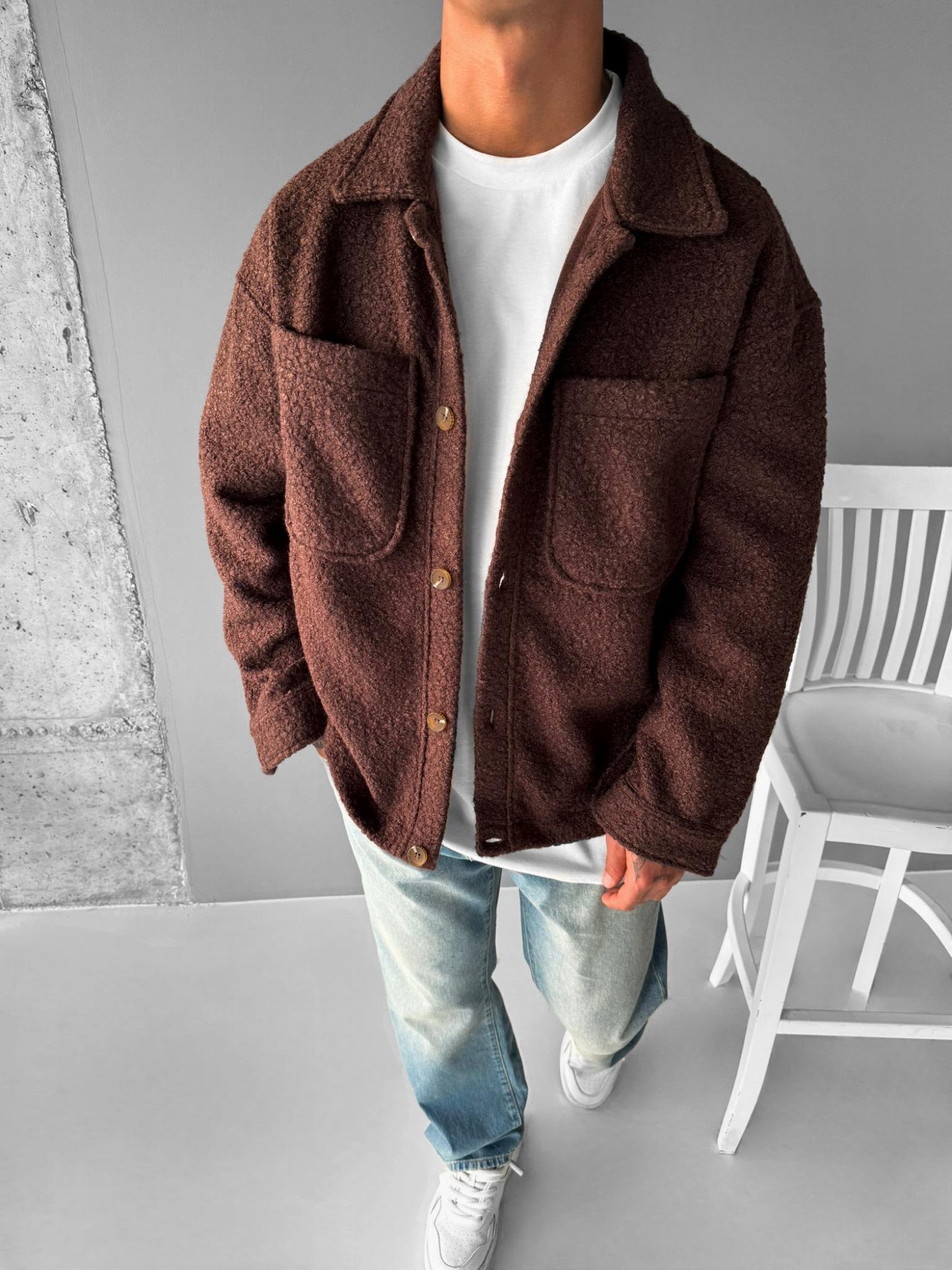 Erkek Relaxed Fit Önü Cepli Yakalı Gömlek Ceket Kahve