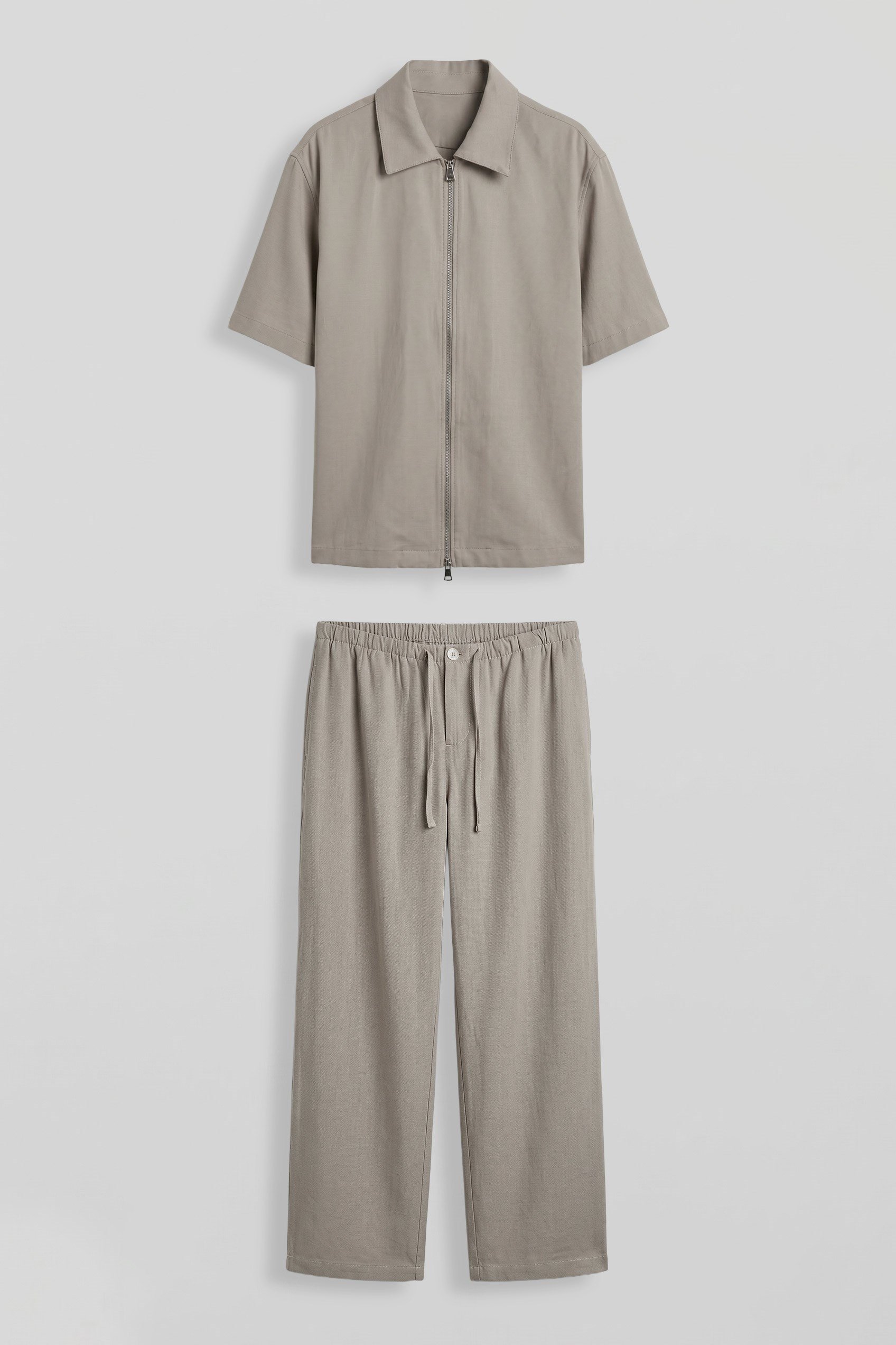 Erkek Relaxed Fit Tencel Fermuarlı Gömlek Pantolon Takımı Bej