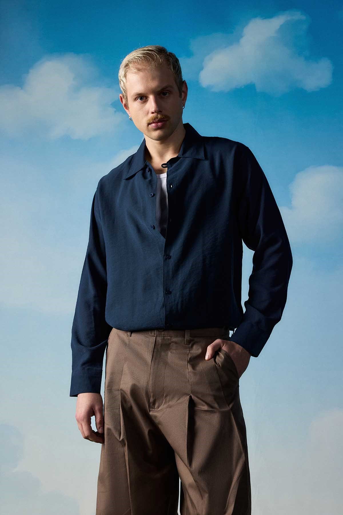 Erkek Relaxed Fit Uzun Kollu Basic Gömlek Lacivert