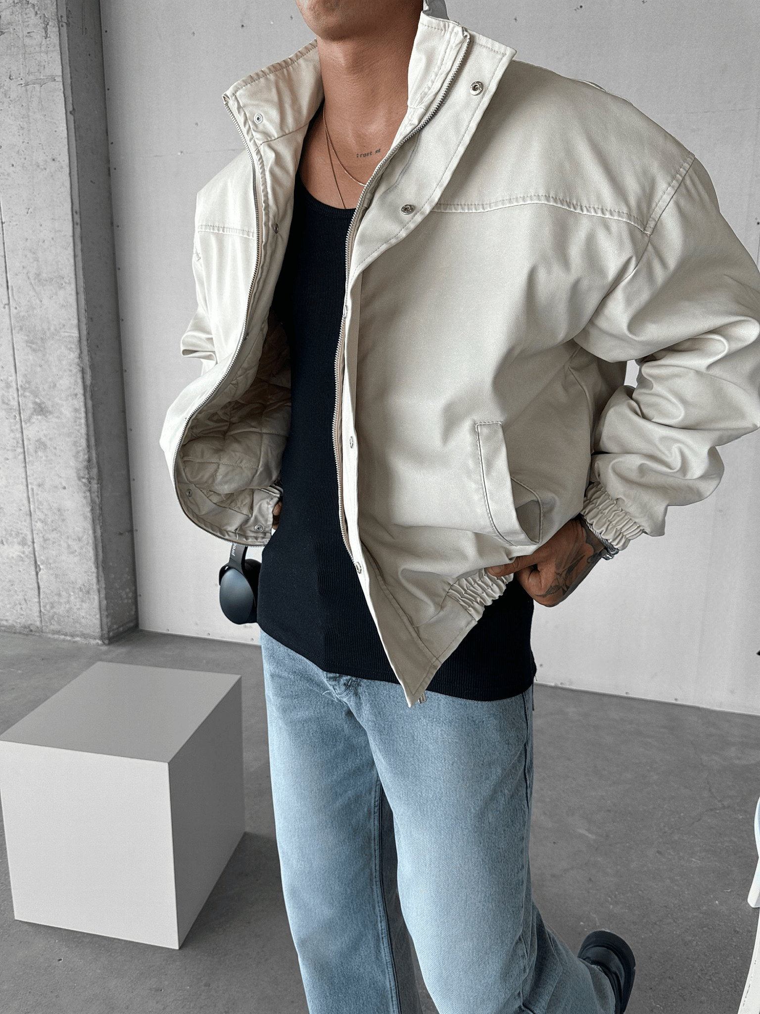 Erkek Relaxed Fit Yıkamalı Deri Dolgulu Bomber Mont Krem