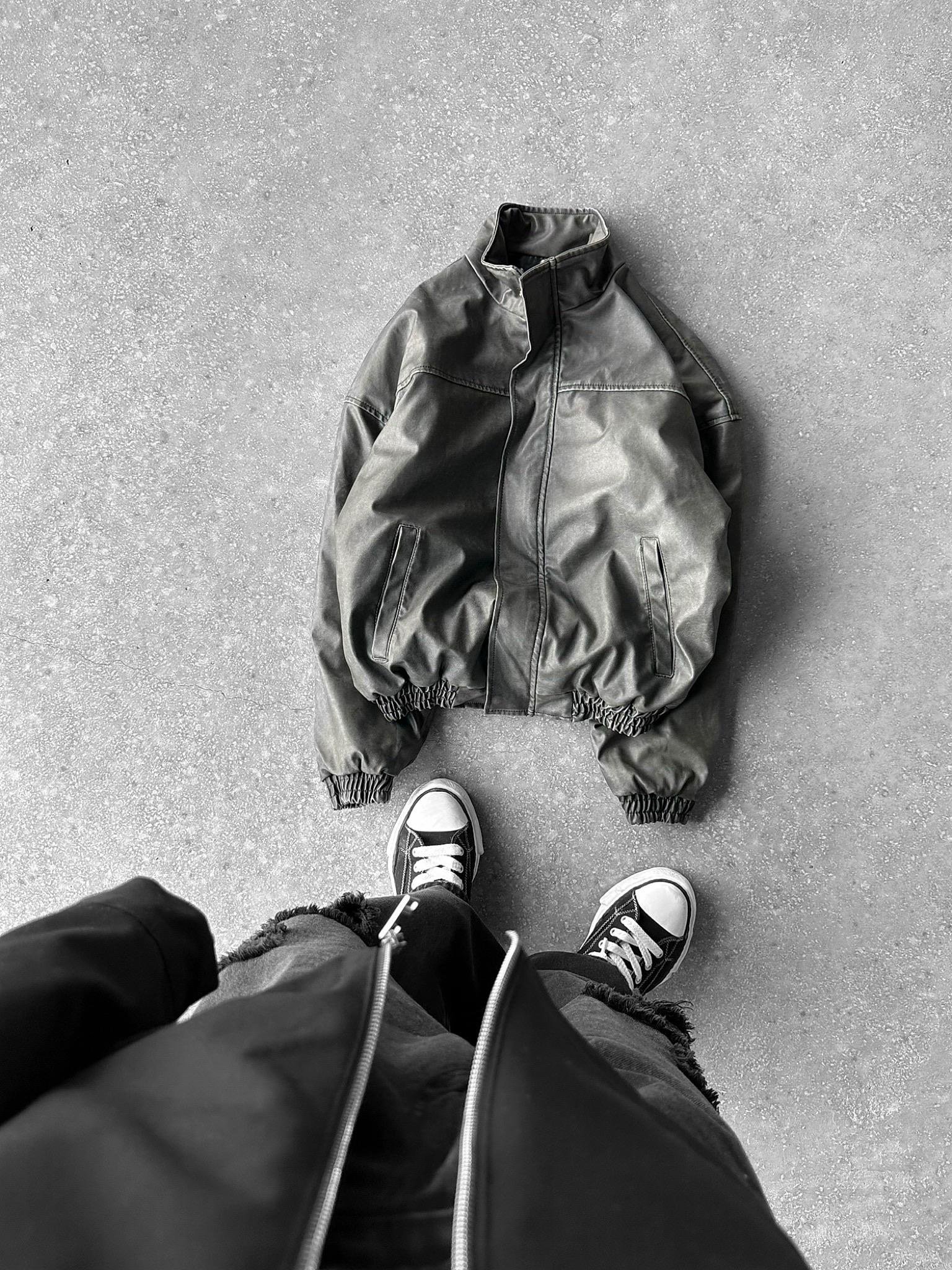 Erkek Relaxed Fit Yıkamalı Deri Dolgulu Bomber Mont Siyah