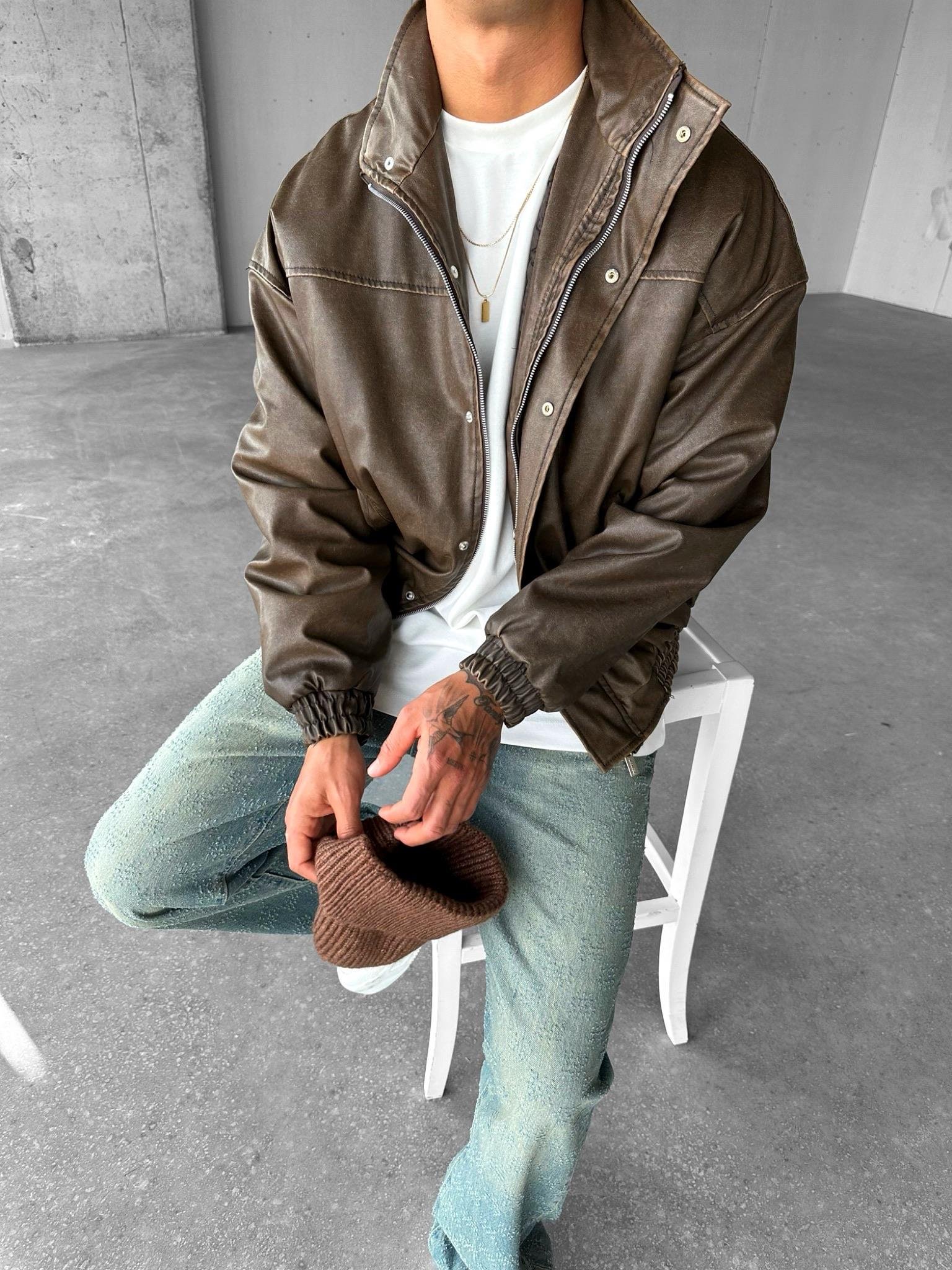 Erkek Relaxed Fit Yıkamalı Deri Dolgulu Bomber Mont Kahve