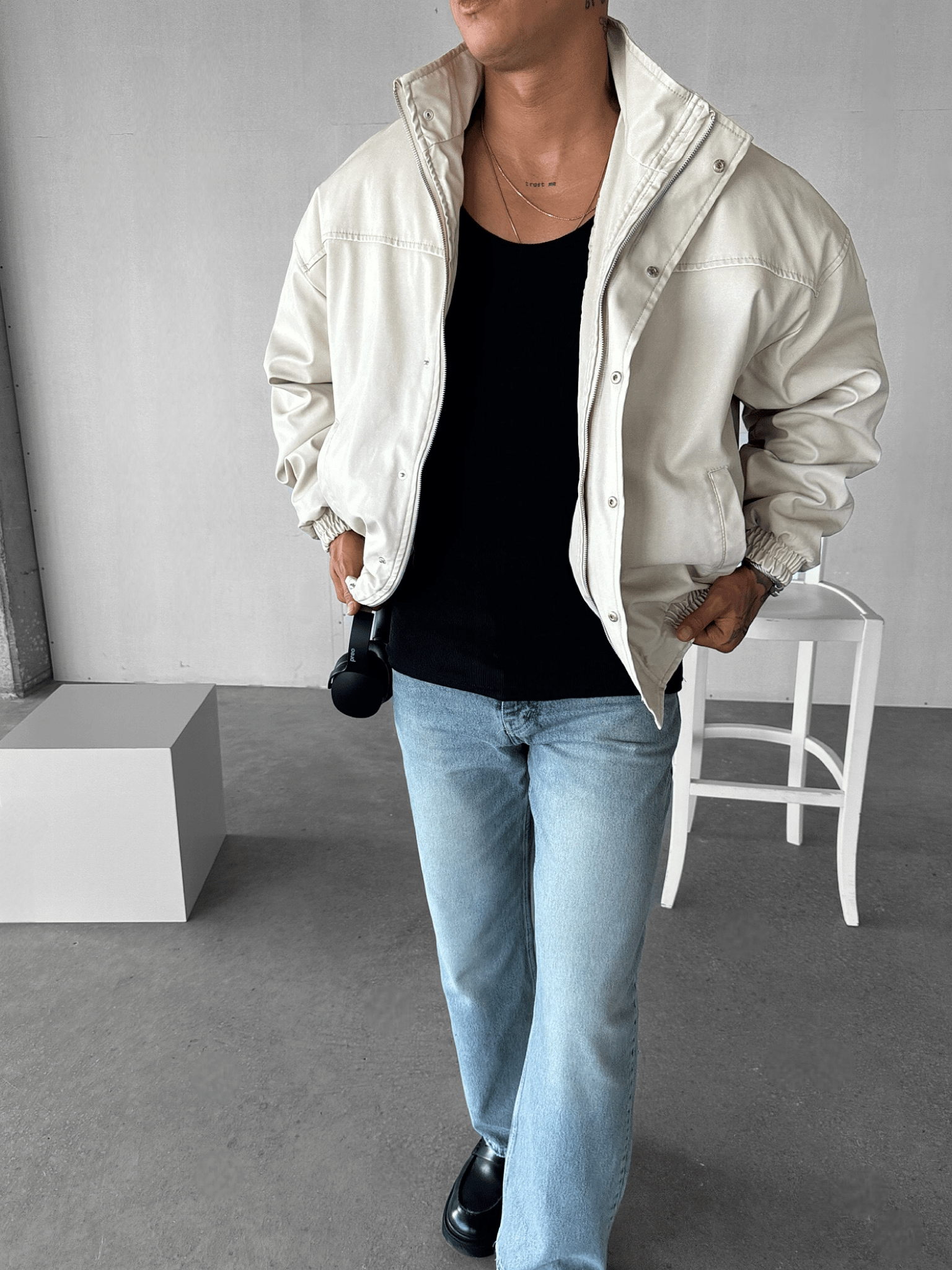 Erkek Relaxed Fit Yıkamalı Deri Dolgulu Bomber Mont Krem