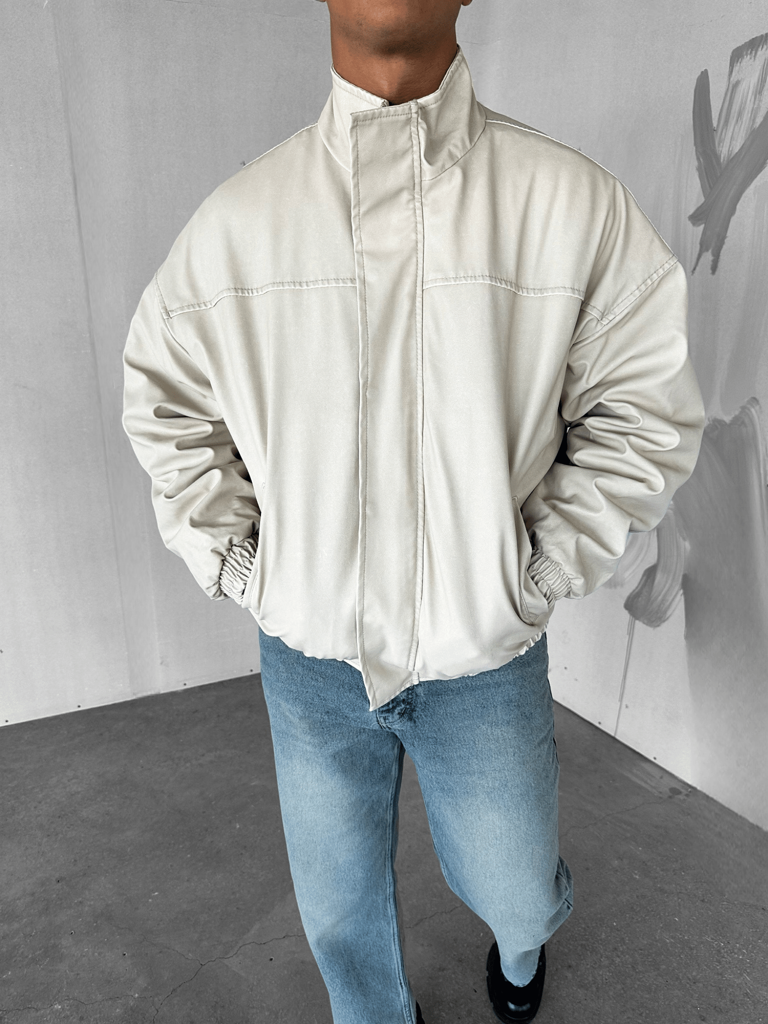Erkek Relaxed Fit Yıkamalı Deri Dolgulu Bomber Mont Krem