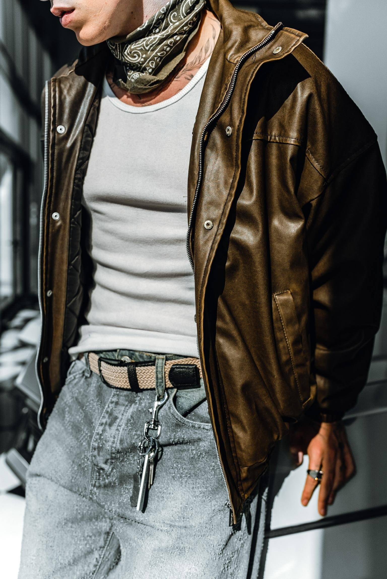 Erkek Relaxed Fit Yıkamalı Deri Dolgulu Bomber Mont Kahve