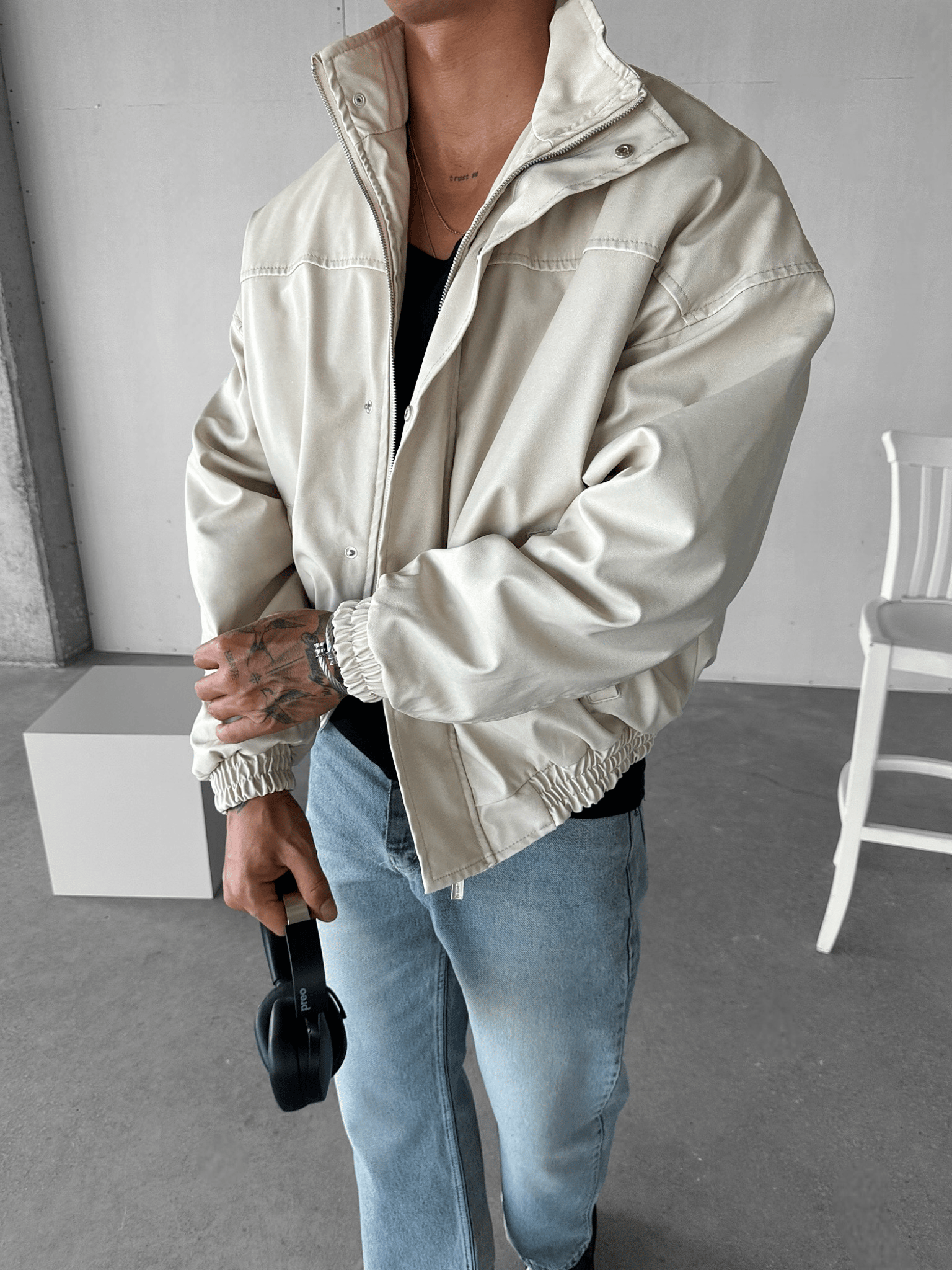 Erkek Relaxed Fit Yıkamalı Deri Dolgulu Bomber Mont Krem