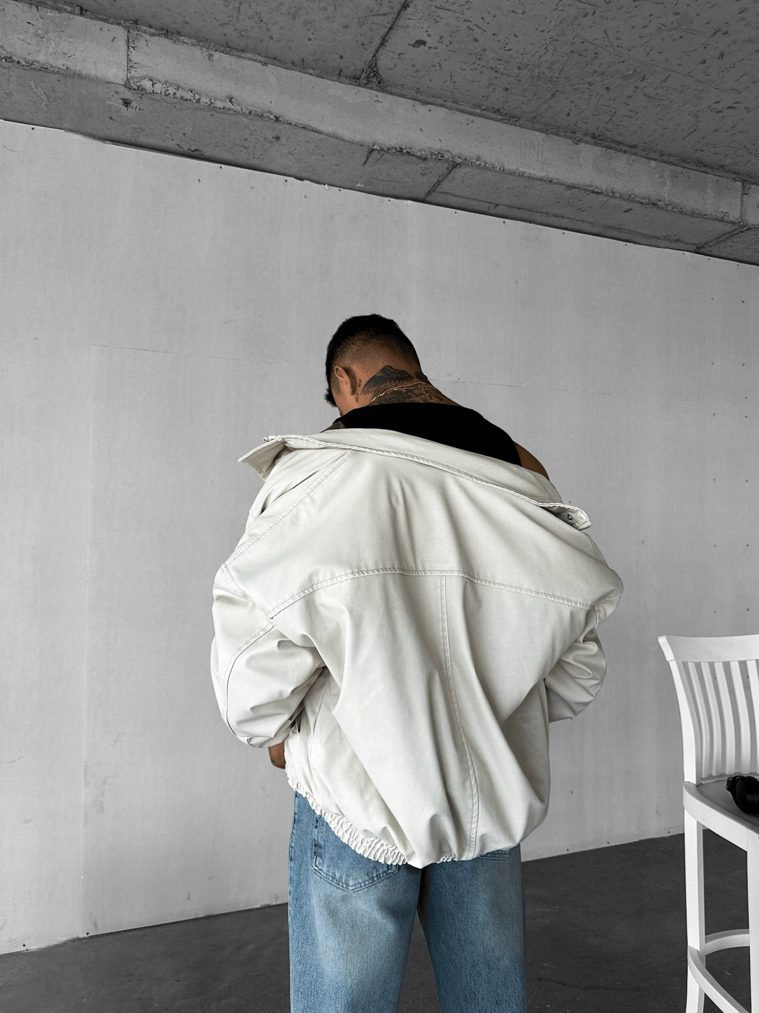 Erkek Relaxed Fit Yıkamalı Deri Dolgulu Bomber Mont Krem