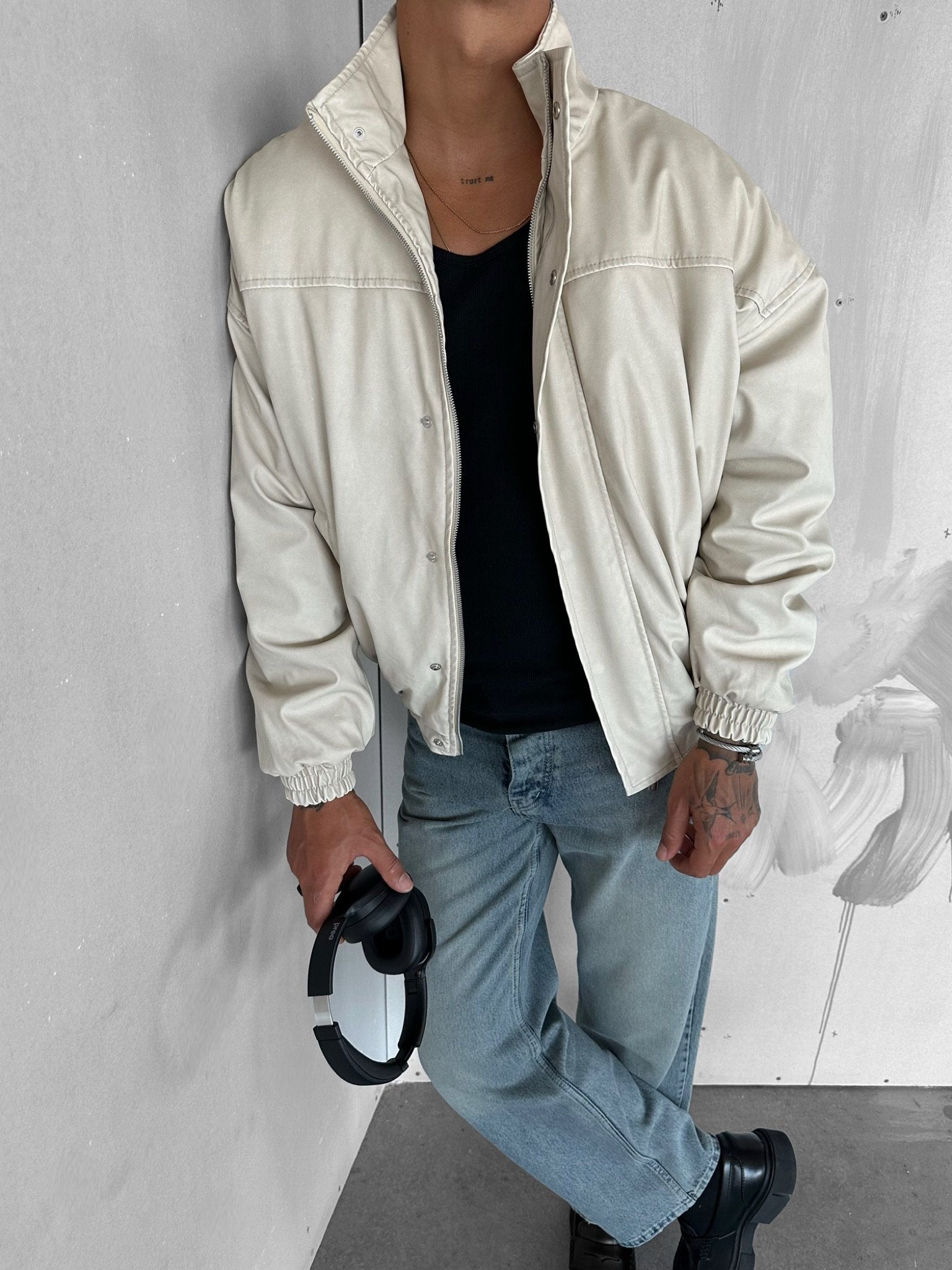 Erkek Relaxed Fit Yıkamalı Deri Dolgulu Bomber Mont Krem