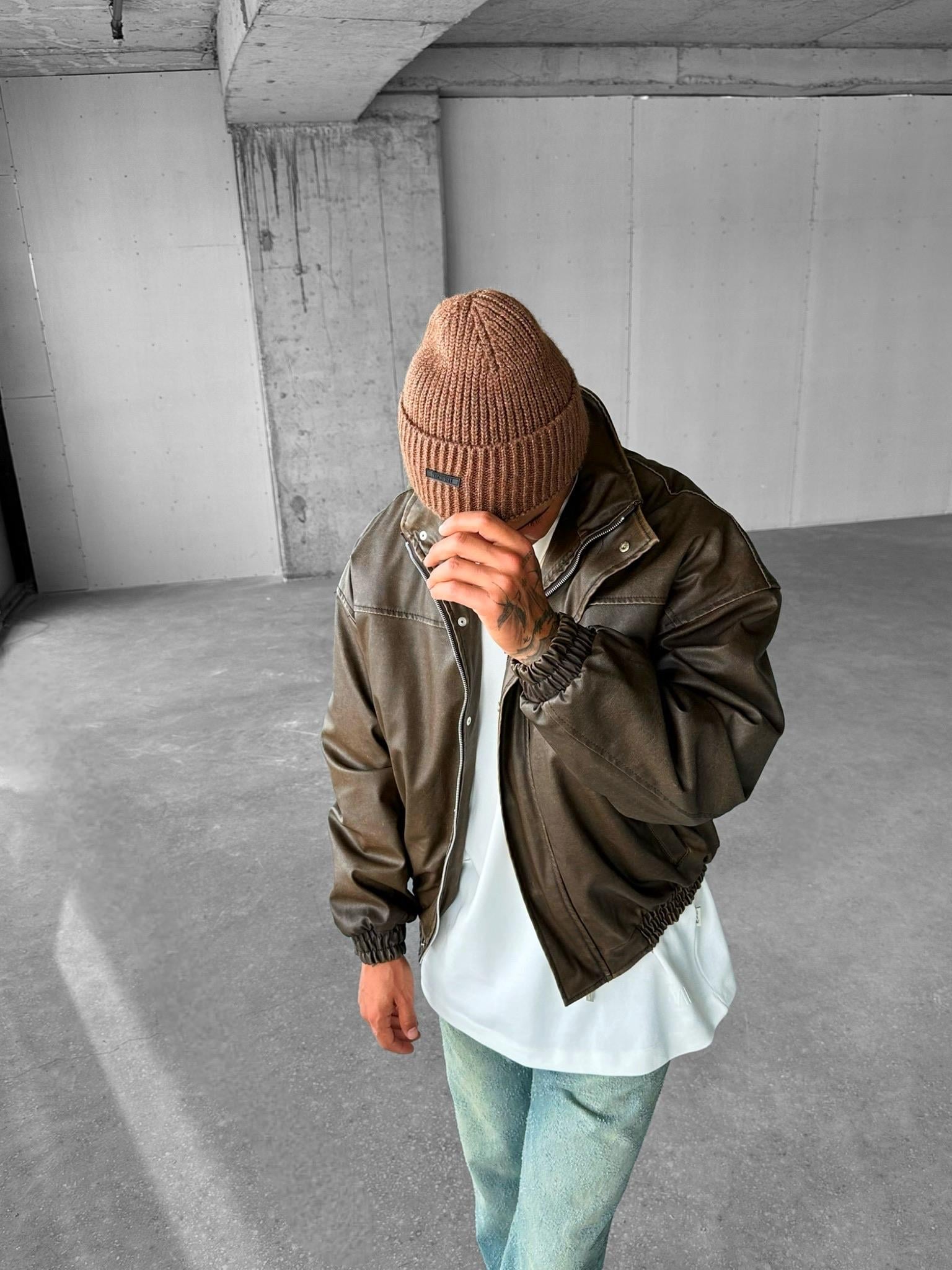 Erkek Relaxed Fit Yıkamalı Deri Dolgulu Bomber Mont Kahve