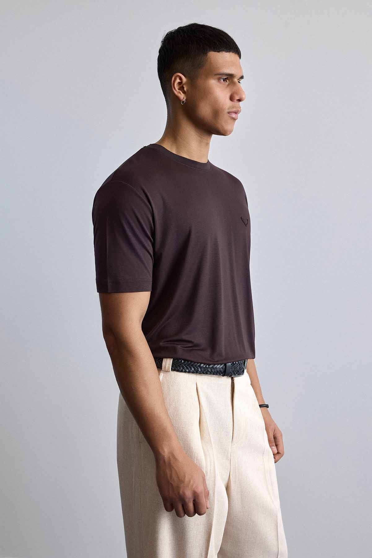 Erkek Relaxed Fit Yumuşak Dokulu Basic T-Shirt Kahverengi