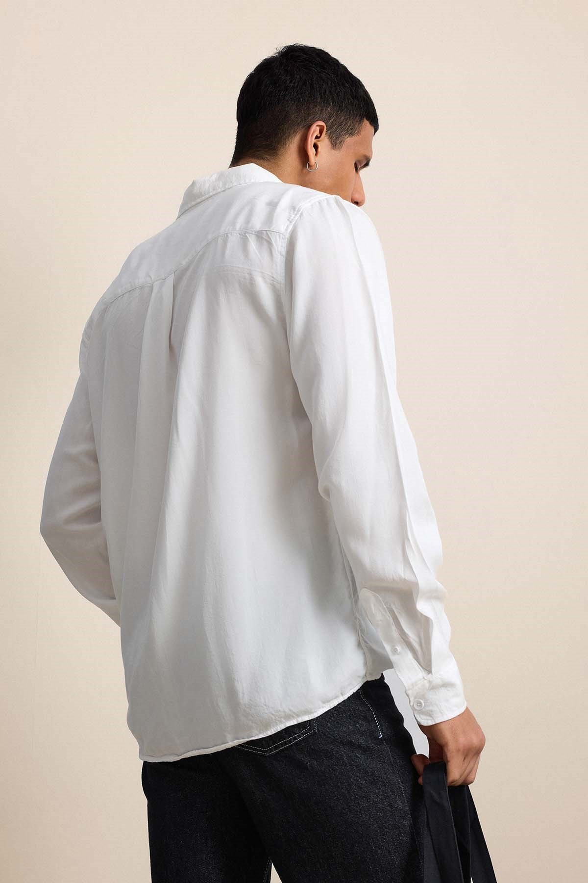 Erkek Relaxed Minimal Nakışlı Basic Tencel Gömlek Beyaz