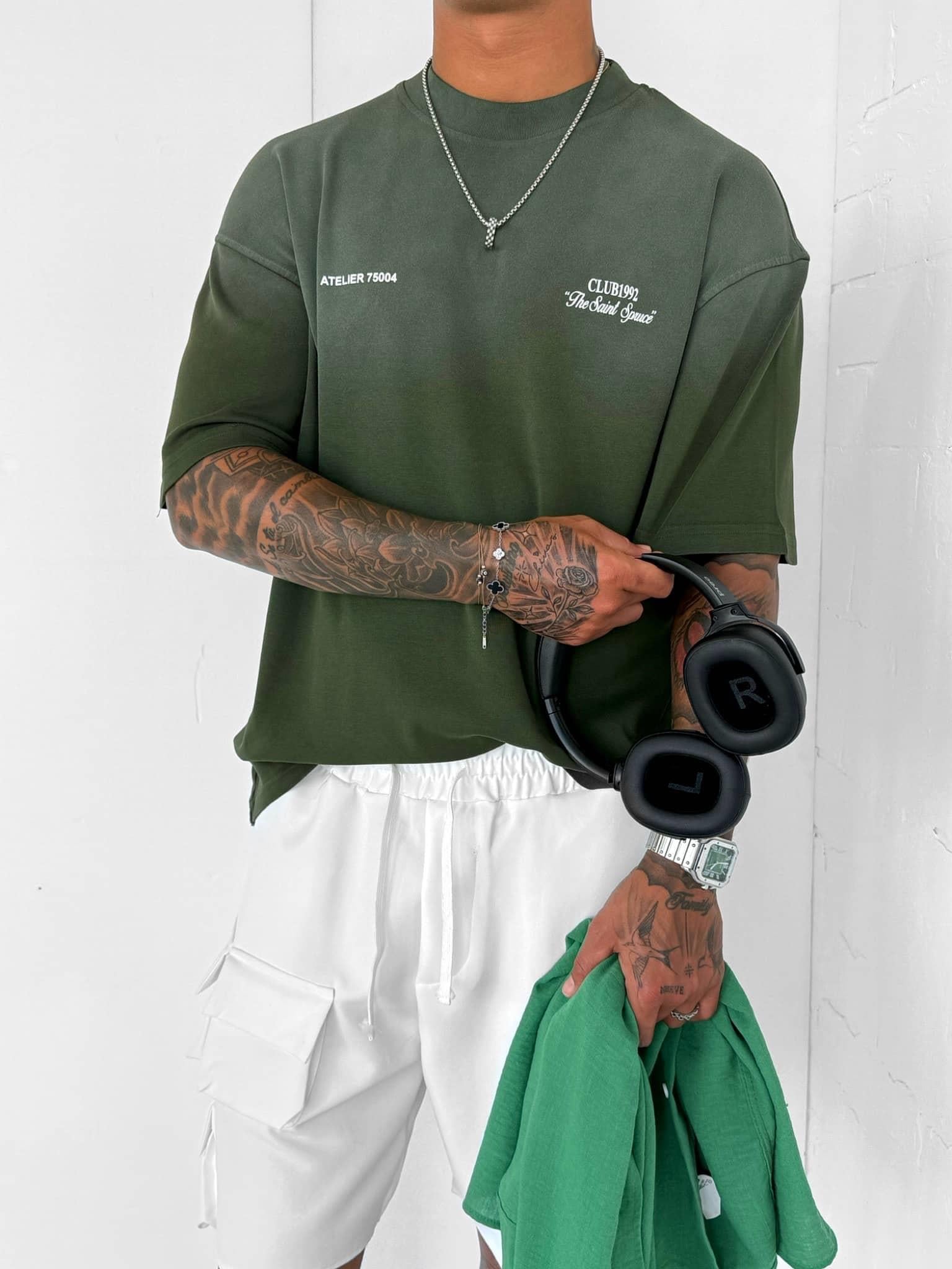 Erkek Renk Geçişli Baskılı Oversize Yıkamalı T-Shirt Yeşil