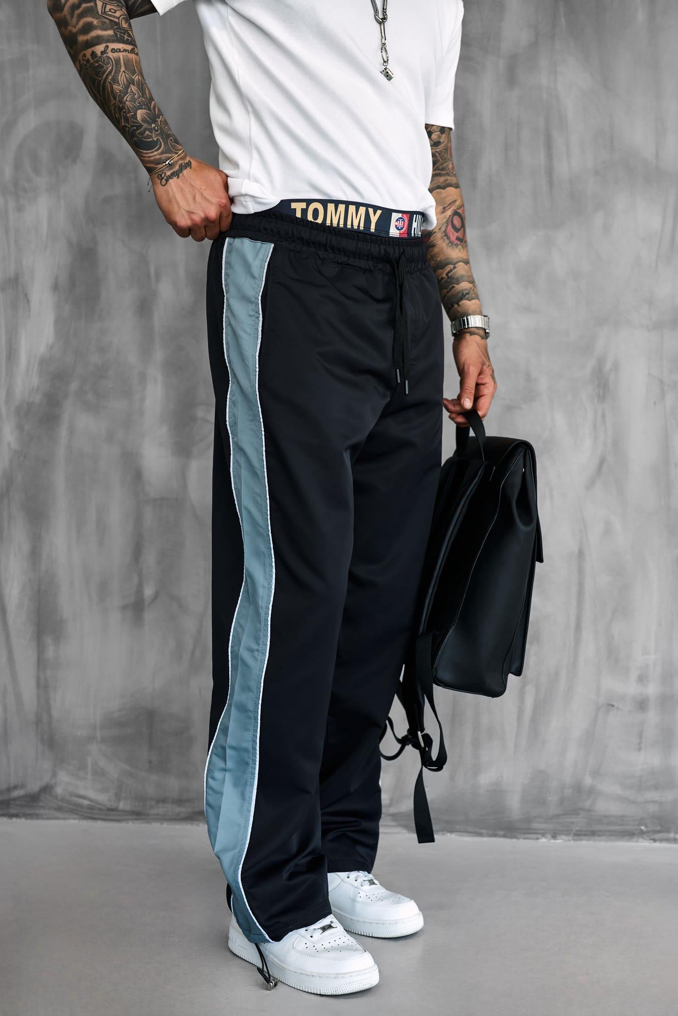 Erkek Şeritli Baggy Fit Teknik Pantolon Siyah