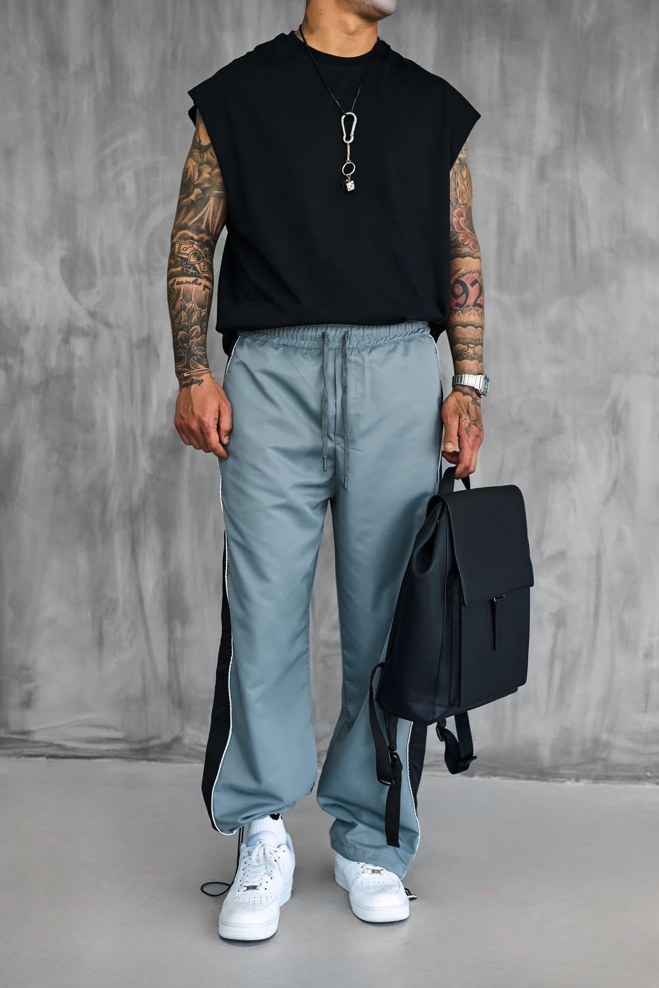 Erkek Şeritli Baggy Fit Teknik Pantolon Gri