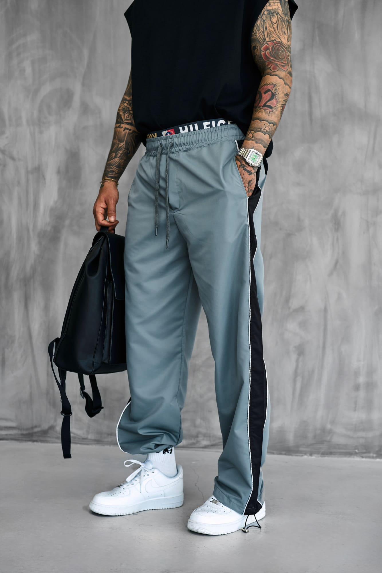 Erkek Şeritli Baggy Fit Teknik Pantolon Gri