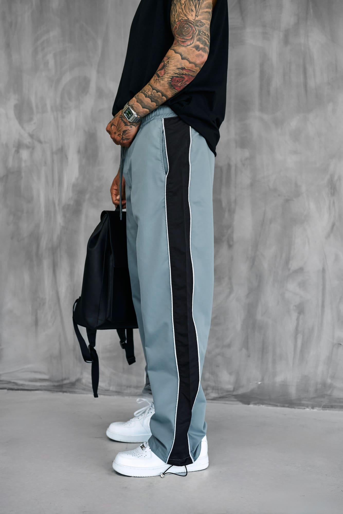 Erkek Şeritli Baggy Fit Teknik Pantolon Gri
