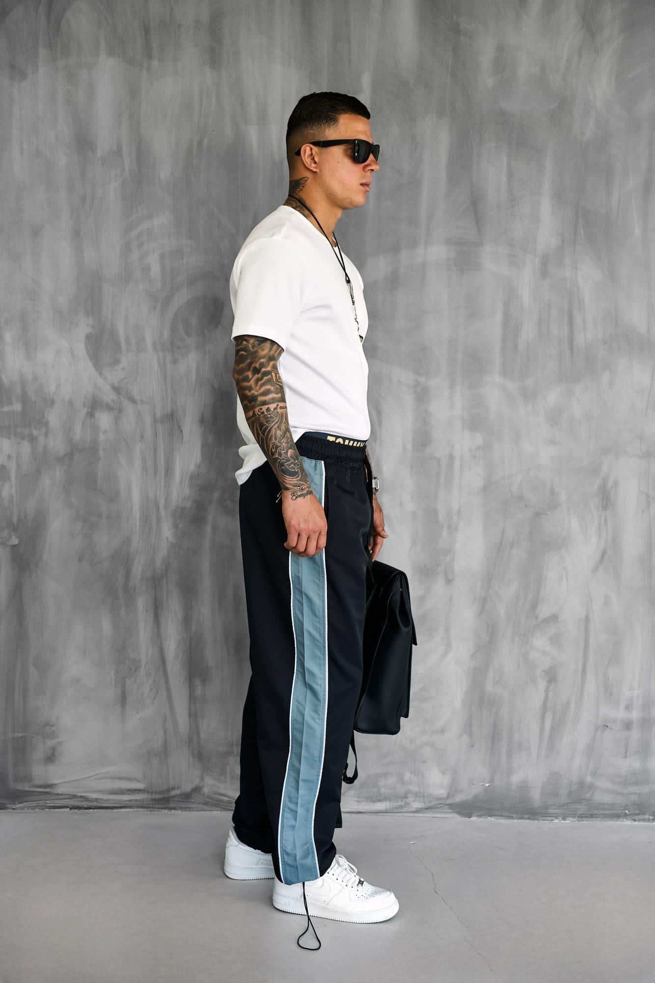 Erkek Şeritli Baggy Fit Teknik Pantolon Siyah