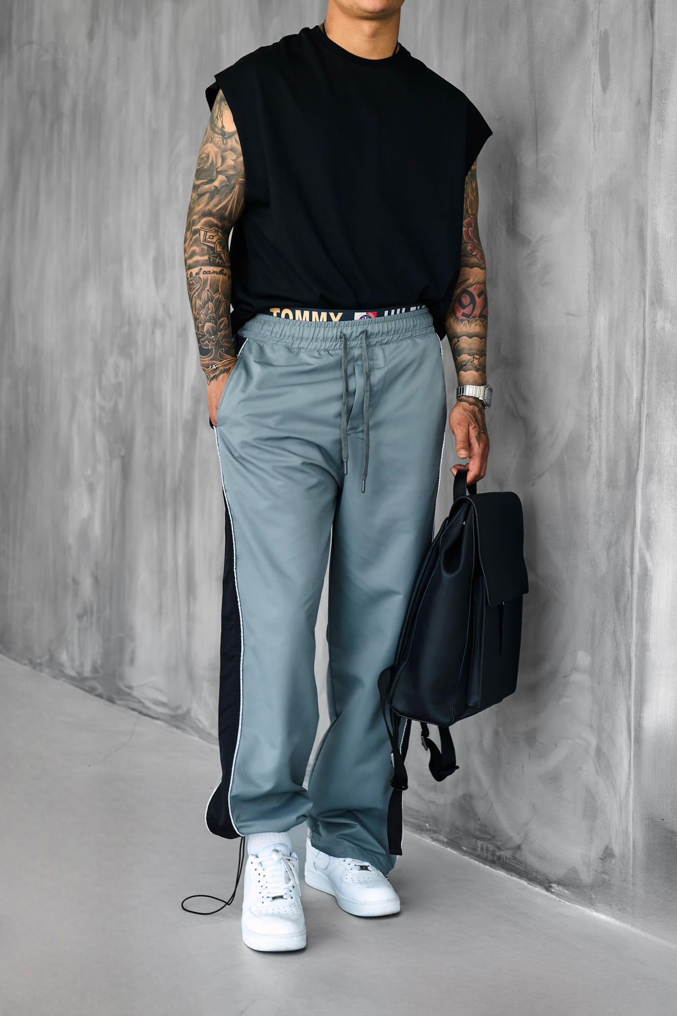 Erkek Şeritli Baggy Fit Teknik Pantolon Gri