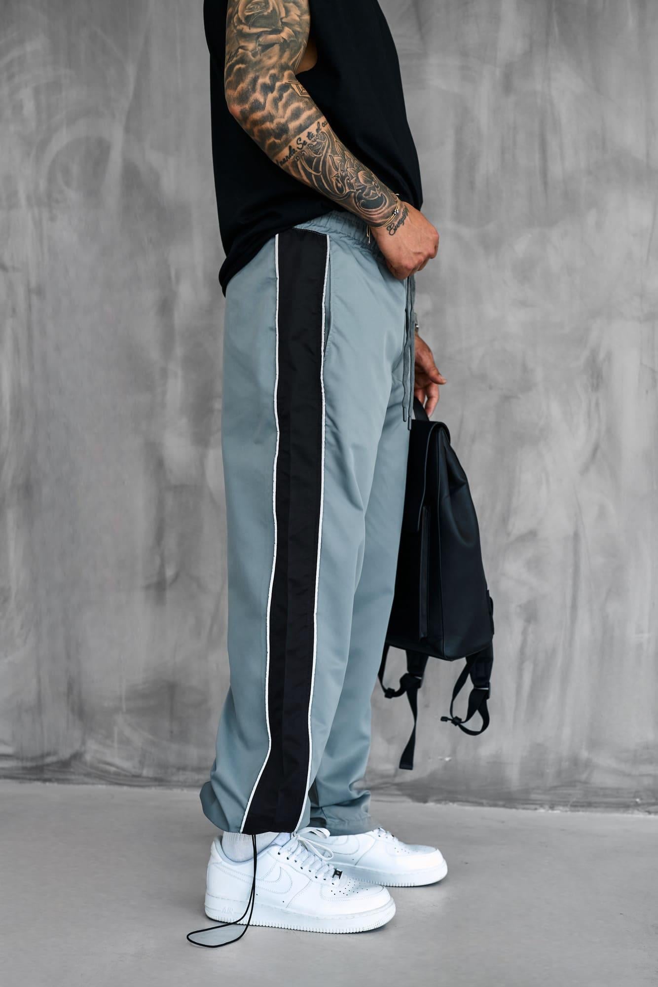 Erkek Şeritli Baggy Fit Teknik Pantolon Gri