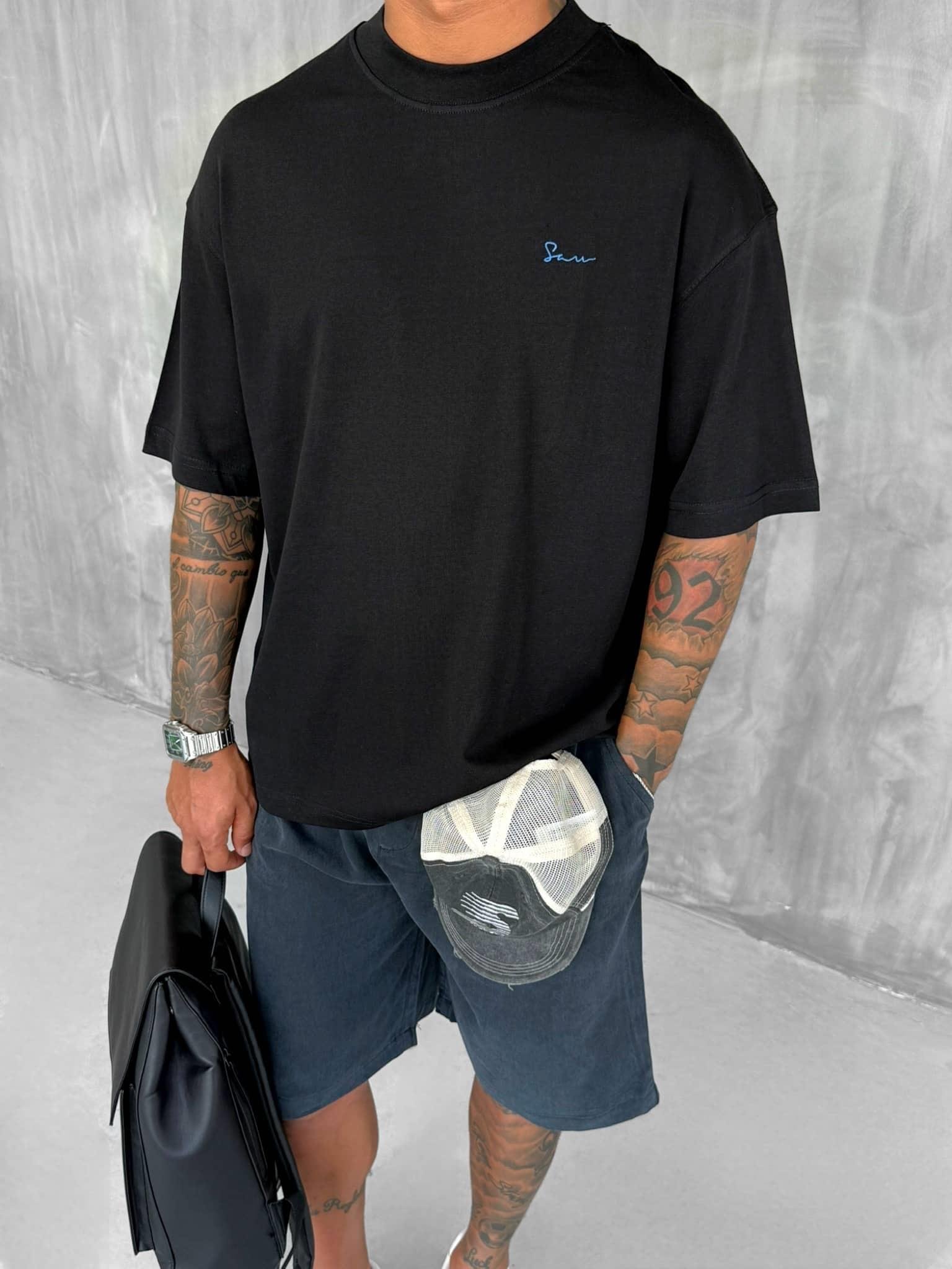 Erkek Sırtı Yamalı Oversize T-Shirt Siyah