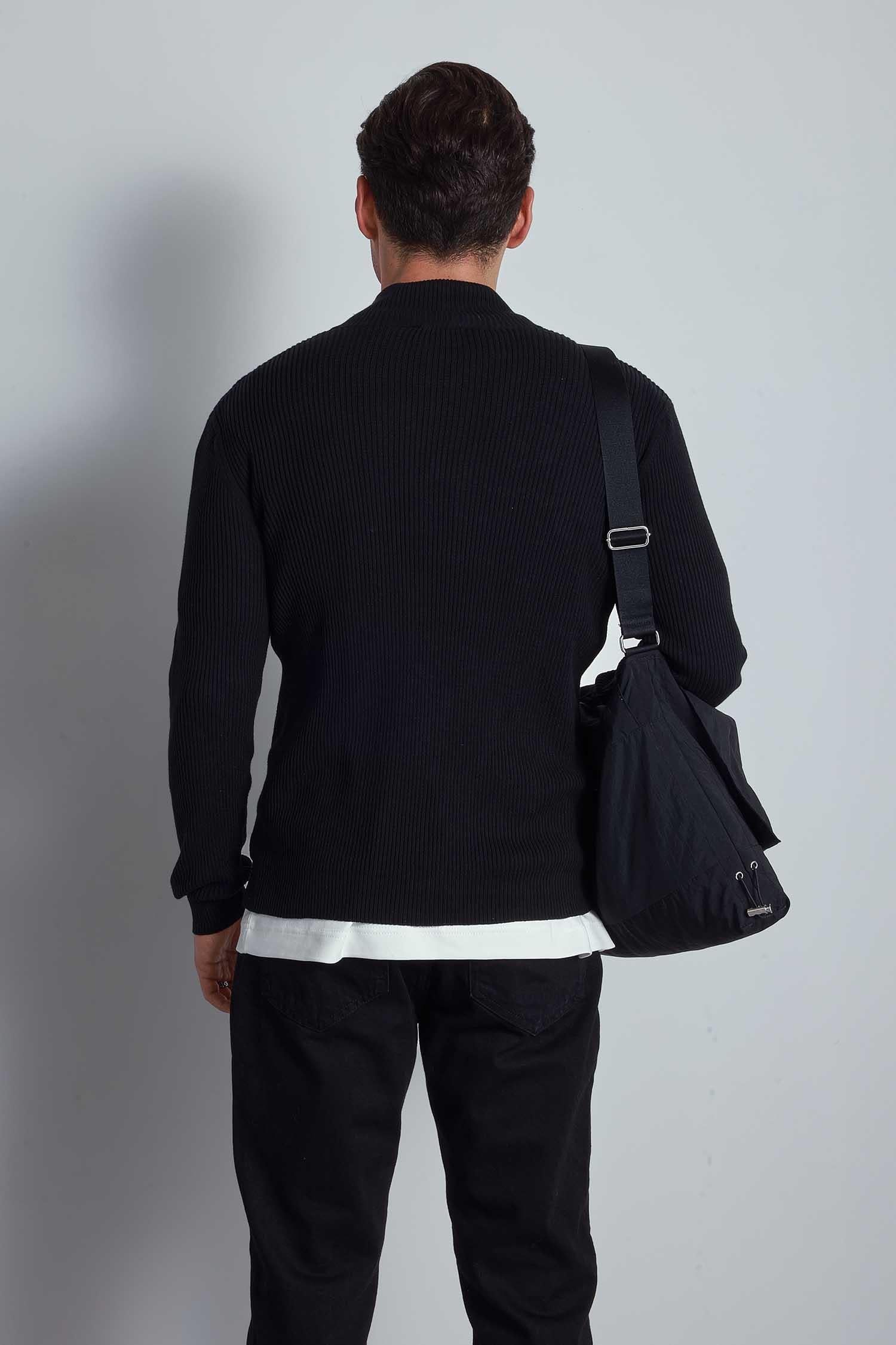 Erkek Slim Fit Dik Yaka Fermuarlı Hırka Siyah