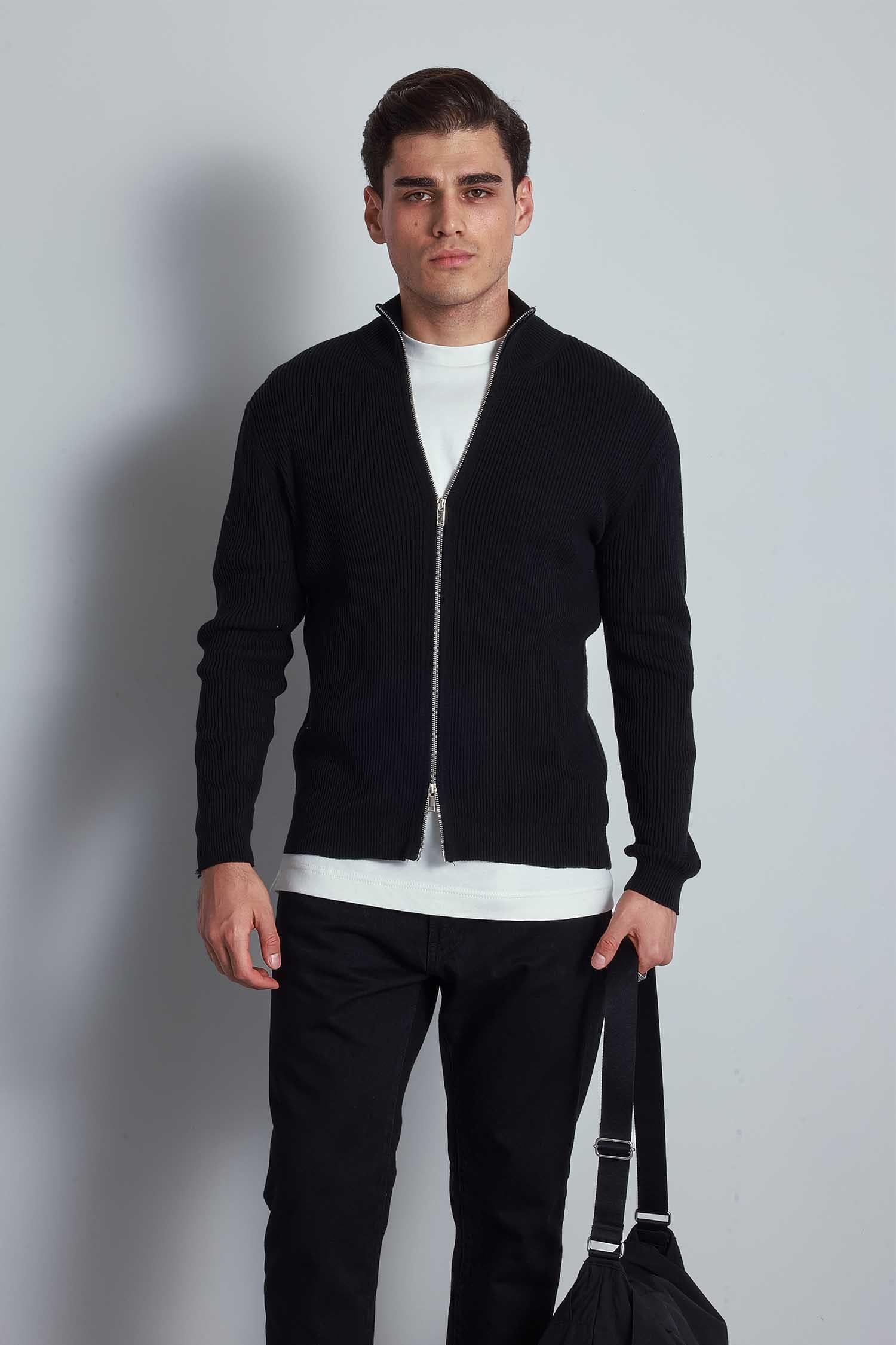 Erkek Slim Fit Dik Yaka Fermuarlı Hırka Siyah