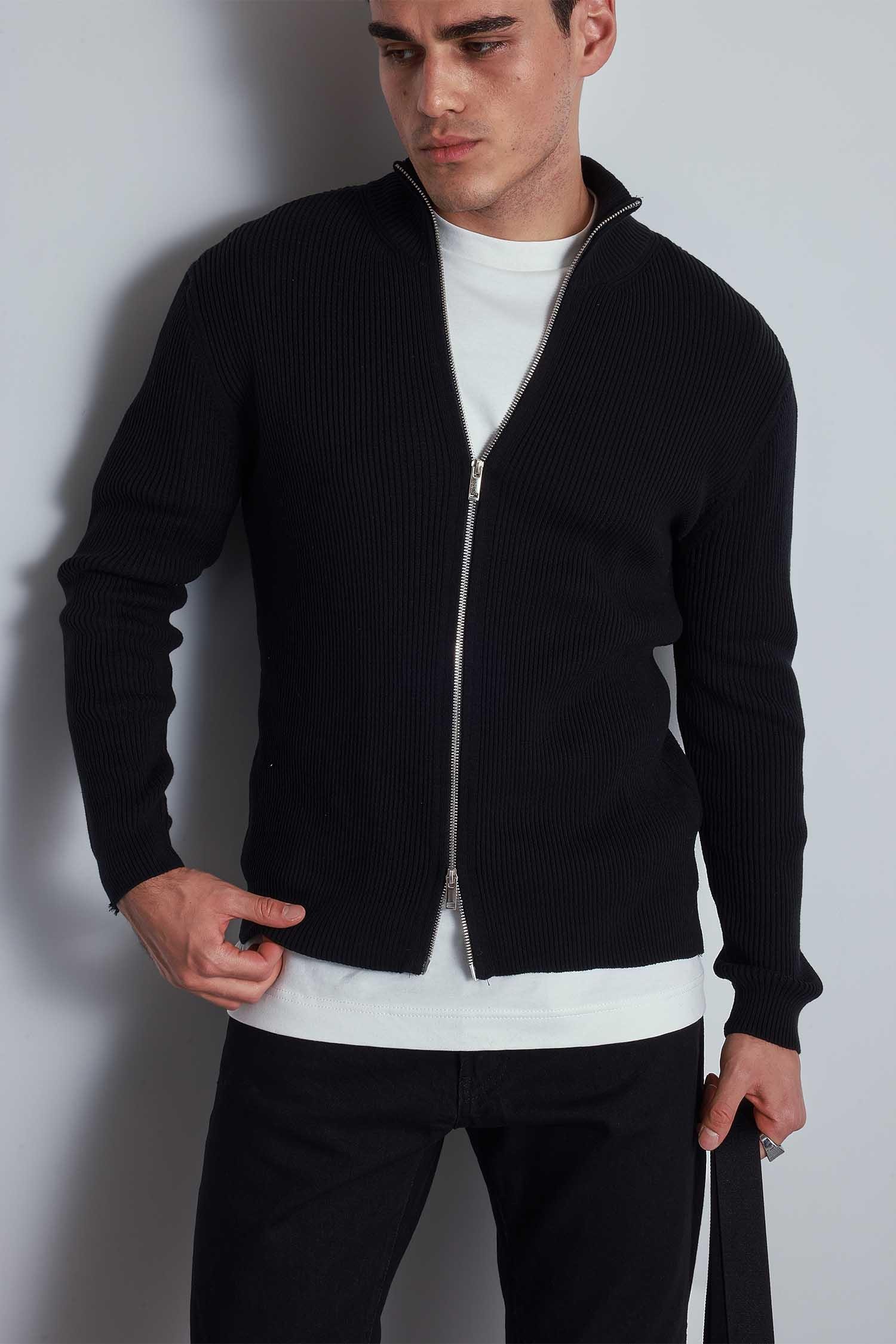 Erkek Slim Fit Dik Yaka Fermuarlı Hırka Siyah