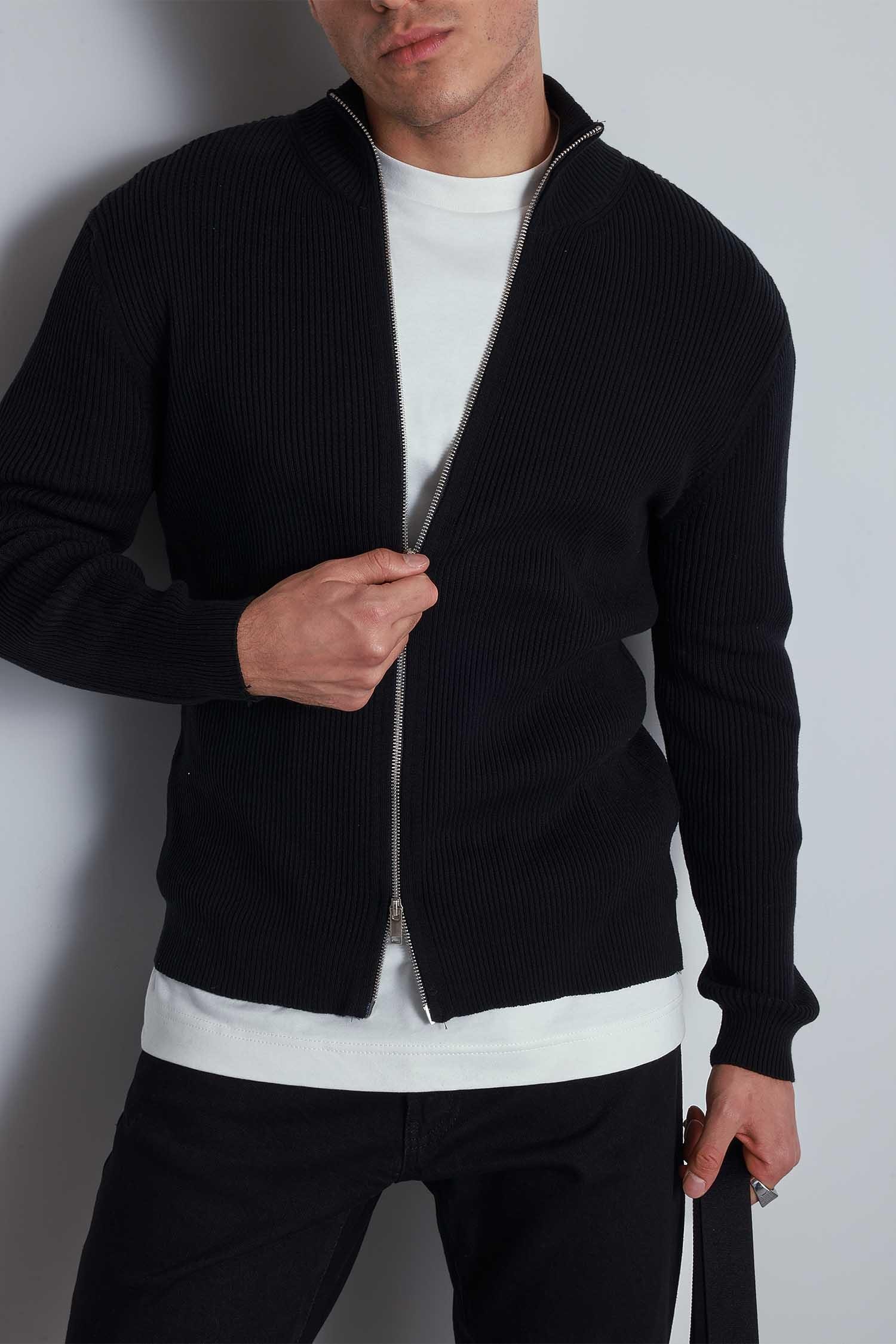 Erkek Slim Fit Dik Yaka Fermuarlı Hırka Siyah