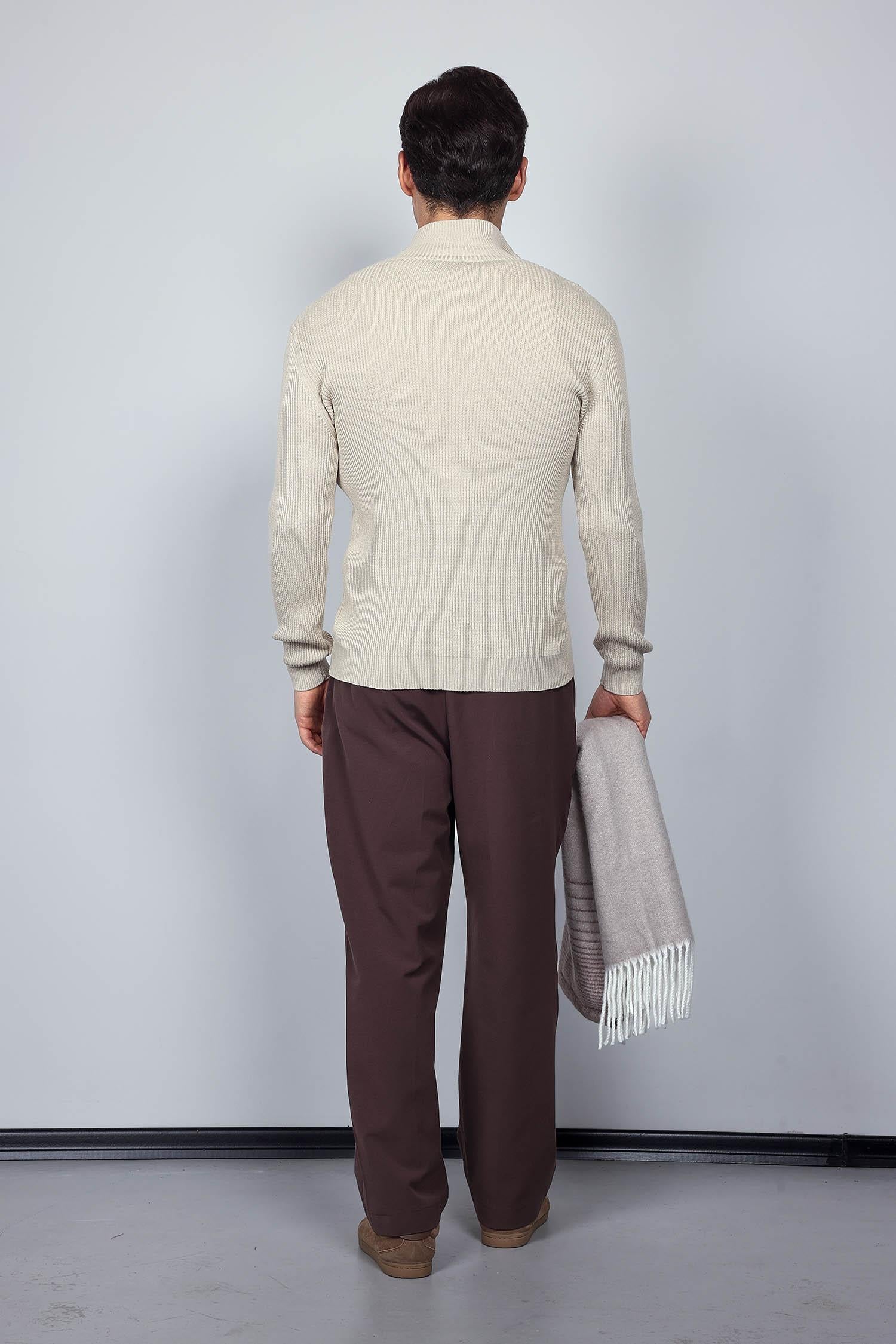 Erkek Slim Fit Dik Yaka Fermuarlı Hırka Bej