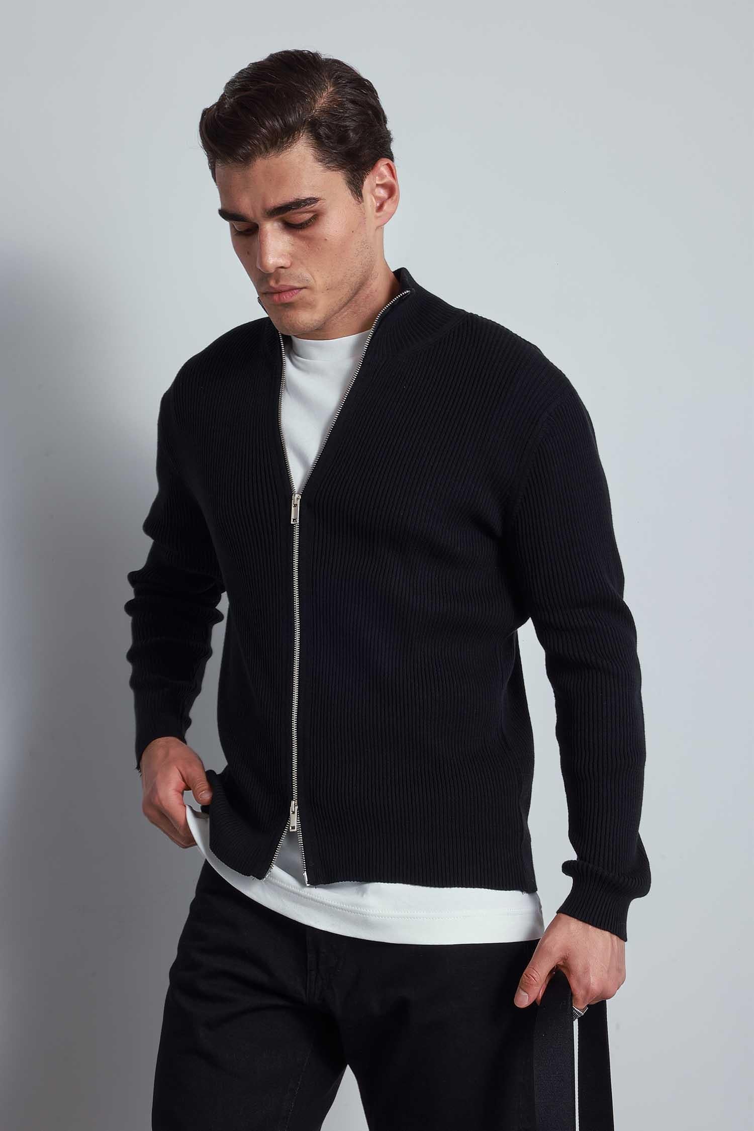 Erkek Slim Fit Dik Yaka Fermuarlı Hırka Siyah