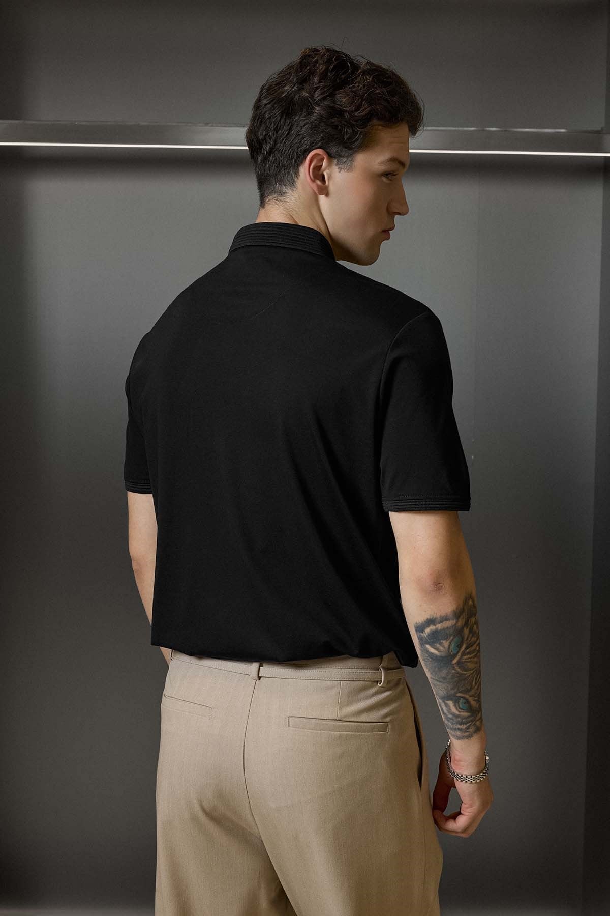 Erkek Slim Fit Düğmeli Triko Yaka Polo T-Shirt Siyah