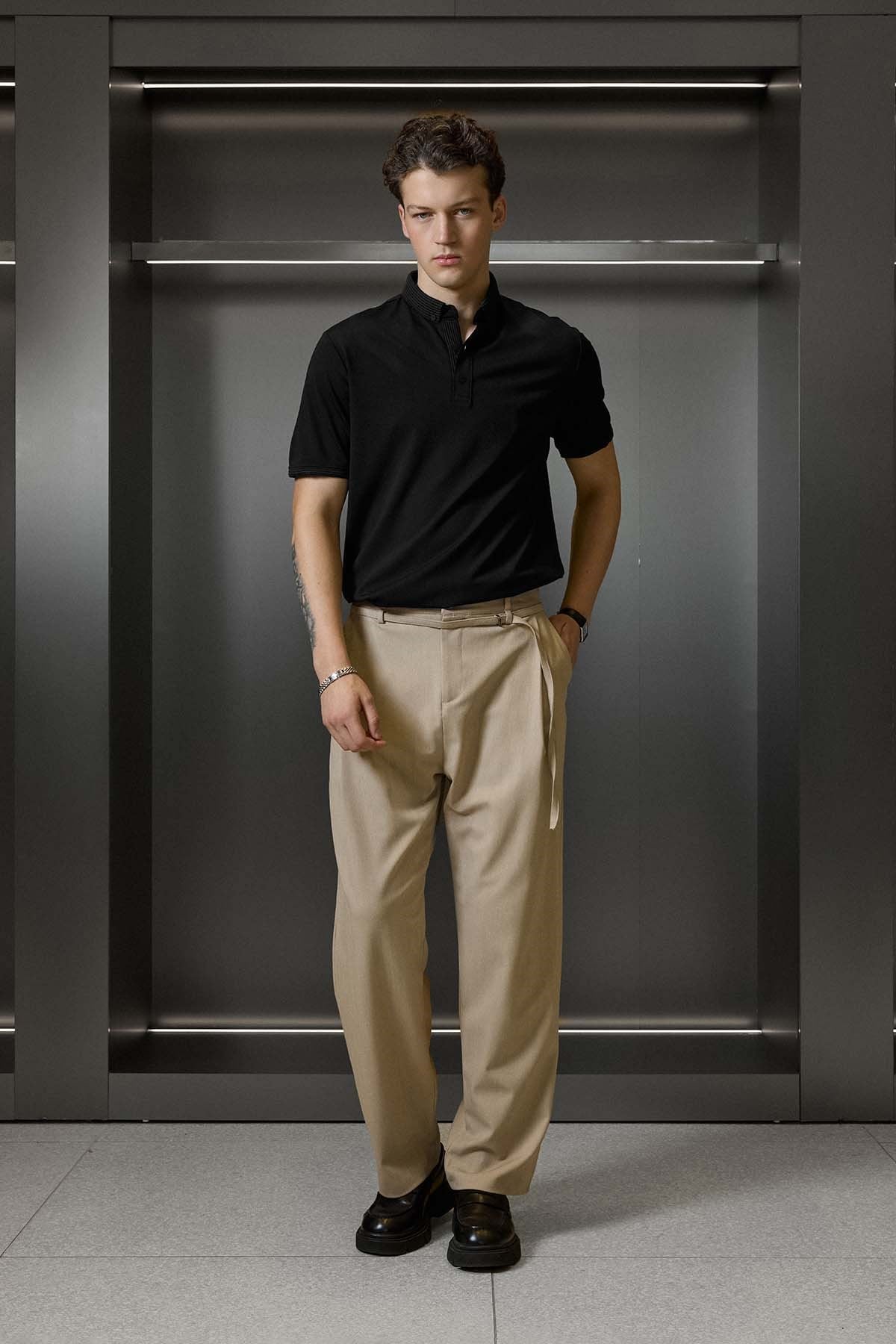 Erkek Slim Fit Düğmeli Triko Yaka Polo T-Shirt Siyah