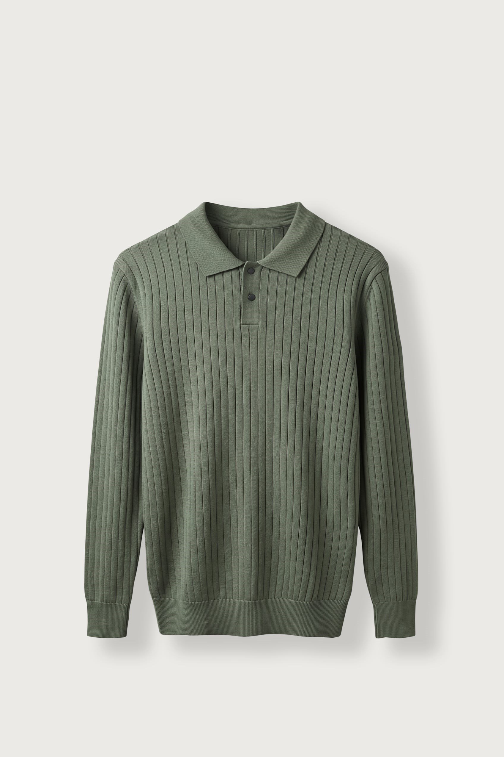Erkek Slim Fit Fitilli Düğmeli Polo Yaka Triko Kazak Haki