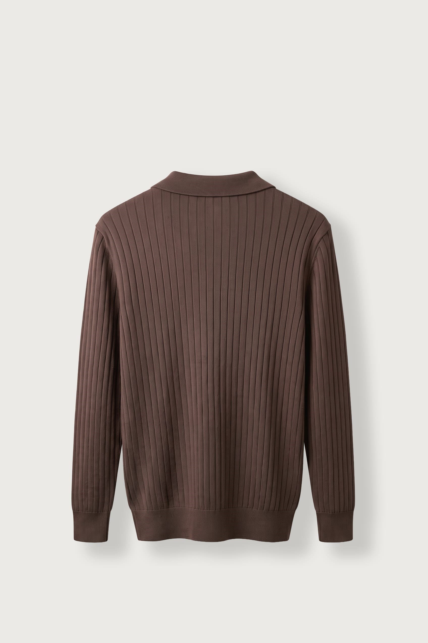 Erkek Slim Fit Fitilli Düğmeli Polo Yaka Triko Kazak Kahverengi
