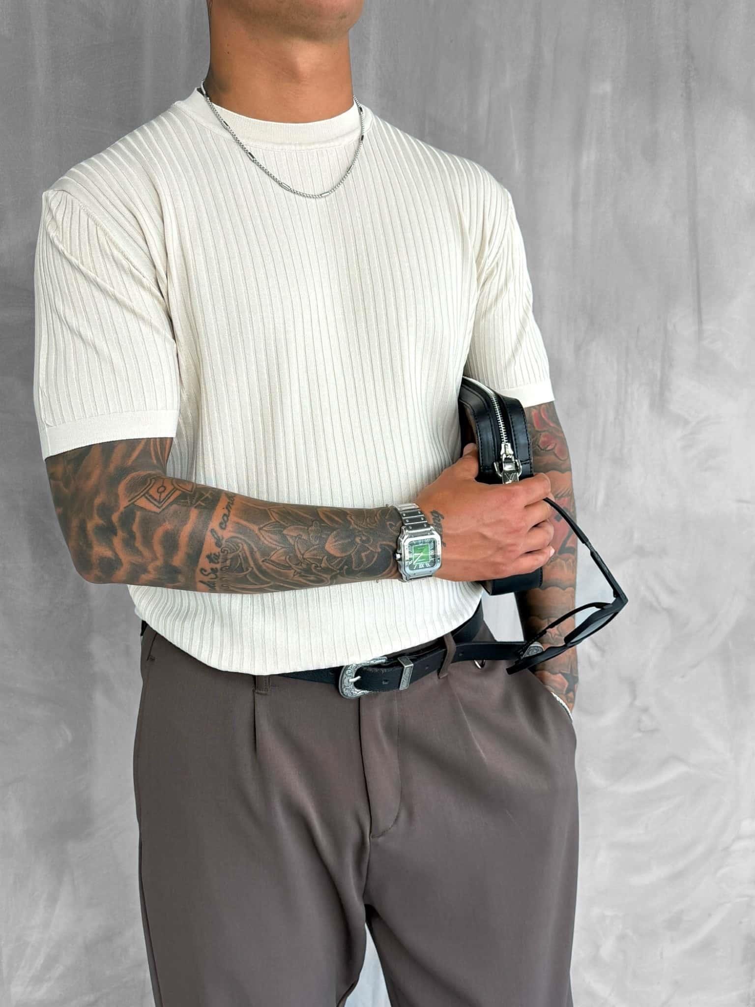 Erkek Slim Fit Fitilli T-Shirt Bej