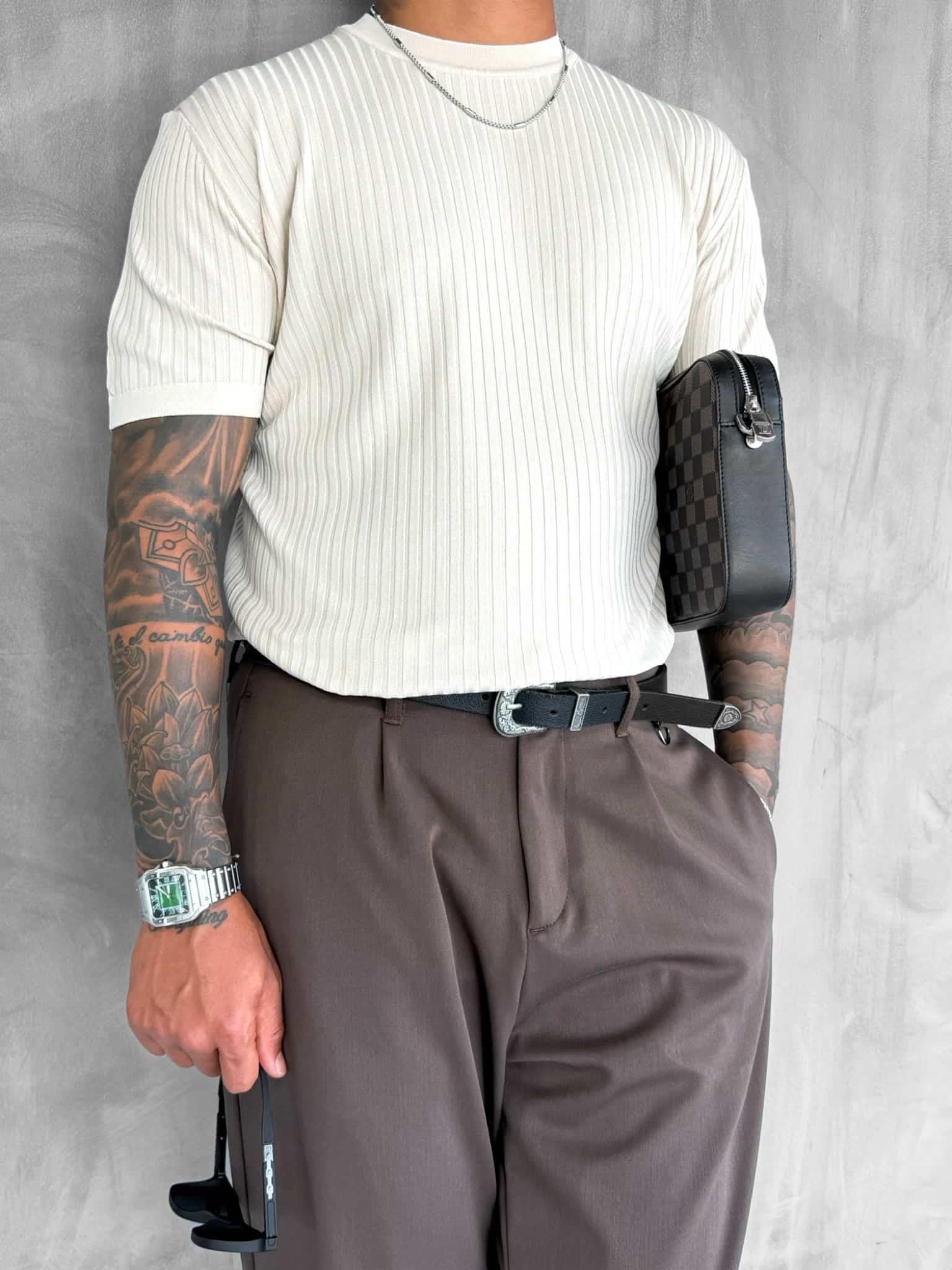 Erkek Slim Fit Fitilli T-Shirt Bej