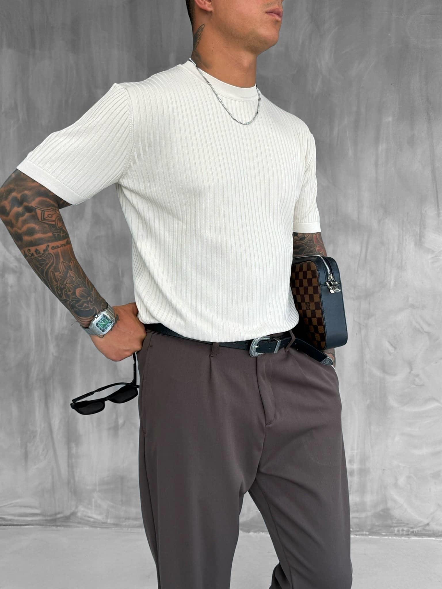 Erkek Slim Fit Fitilli T-Shirt Bej