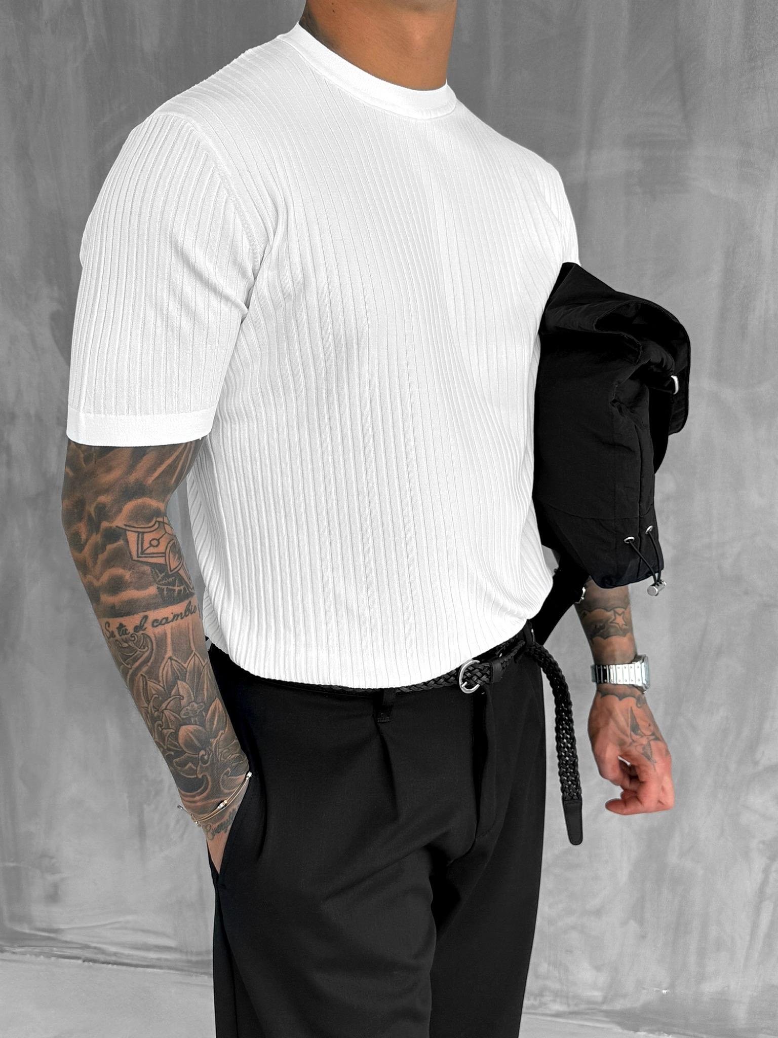 Erkek Slim Fit Fitilli T-Shirt Beyaz