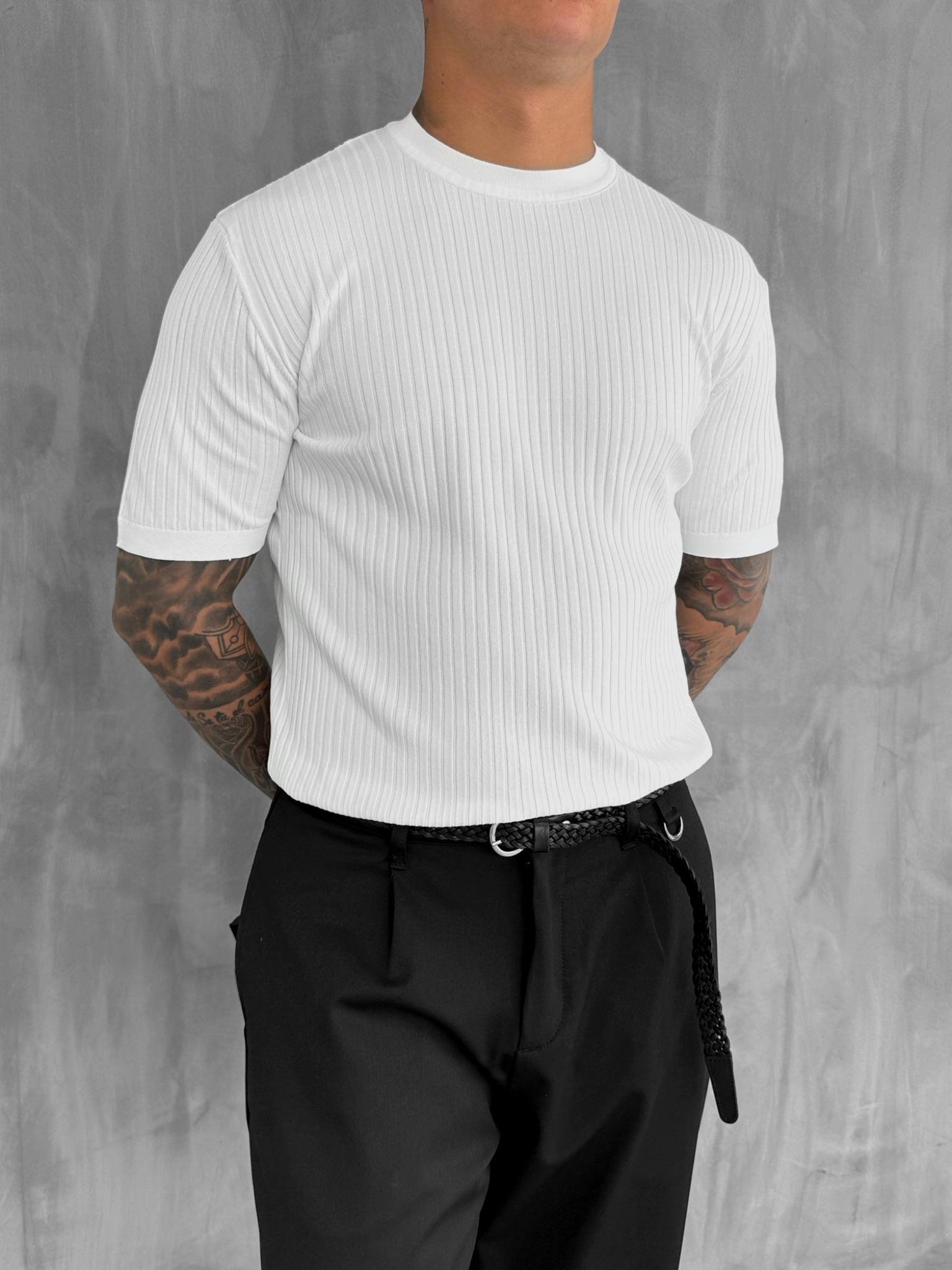 Erkek Slim Fit Fitilli T-Shirt Beyaz