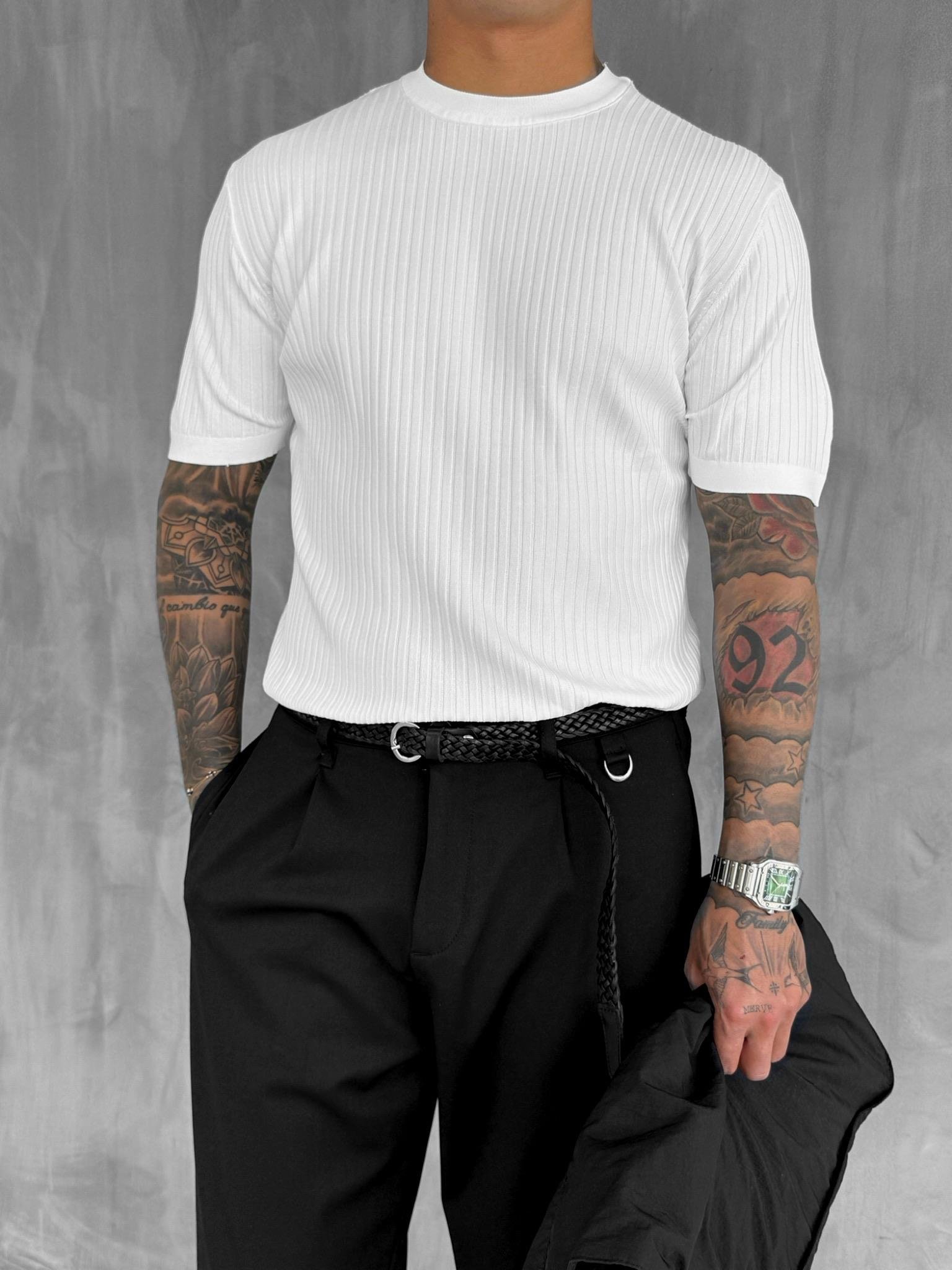 Erkek Slim Fit Fitilli T-Shirt Beyaz