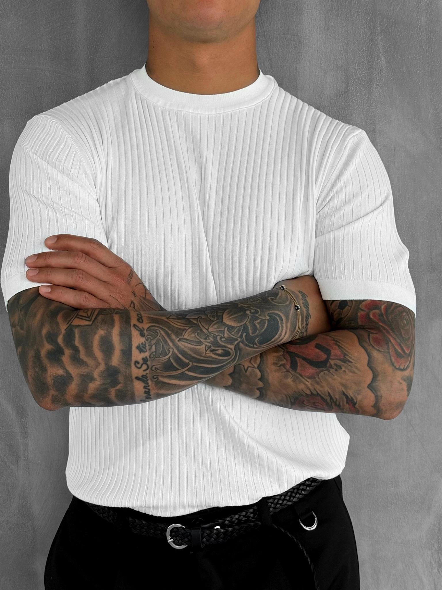 Erkek Slim Fit Fitilli T-Shirt Beyaz