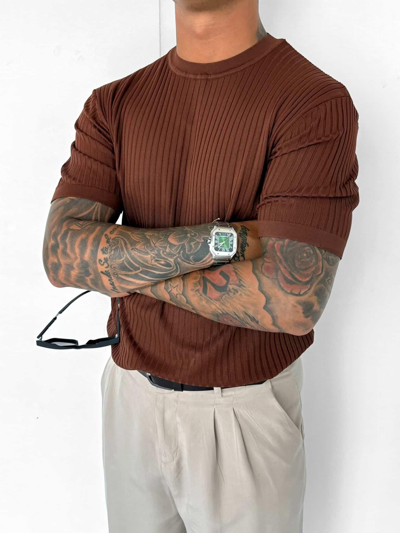 Erkek Slim Fit Fitilli T-Shirt Kahve